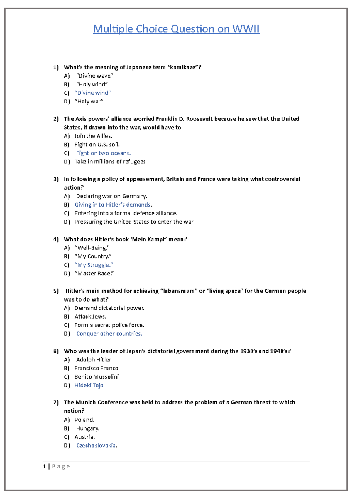 MCQ on World War 2 - Multiple Choice Question on WWII 1) What’s the ...