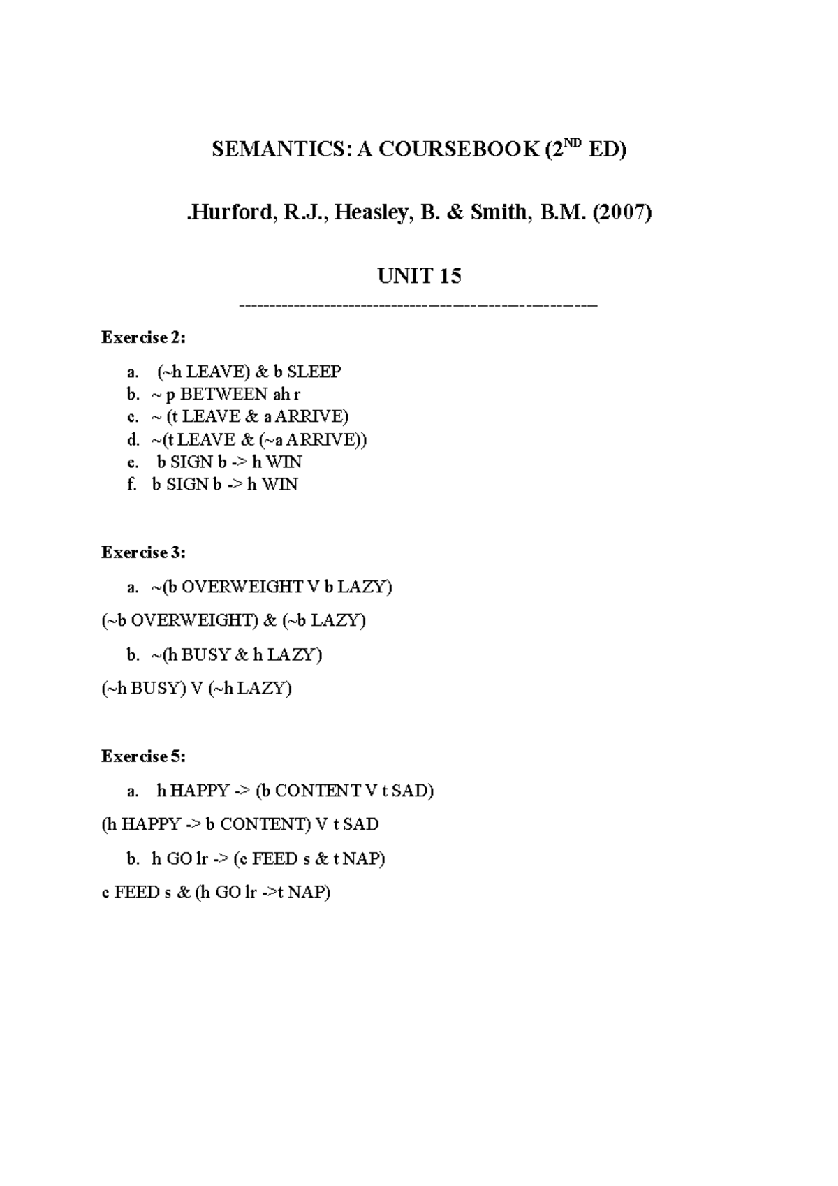 Answer Key - Unit 15 - Semantics - SEMANTICS: A COURSEBOOK (2ND ED ...