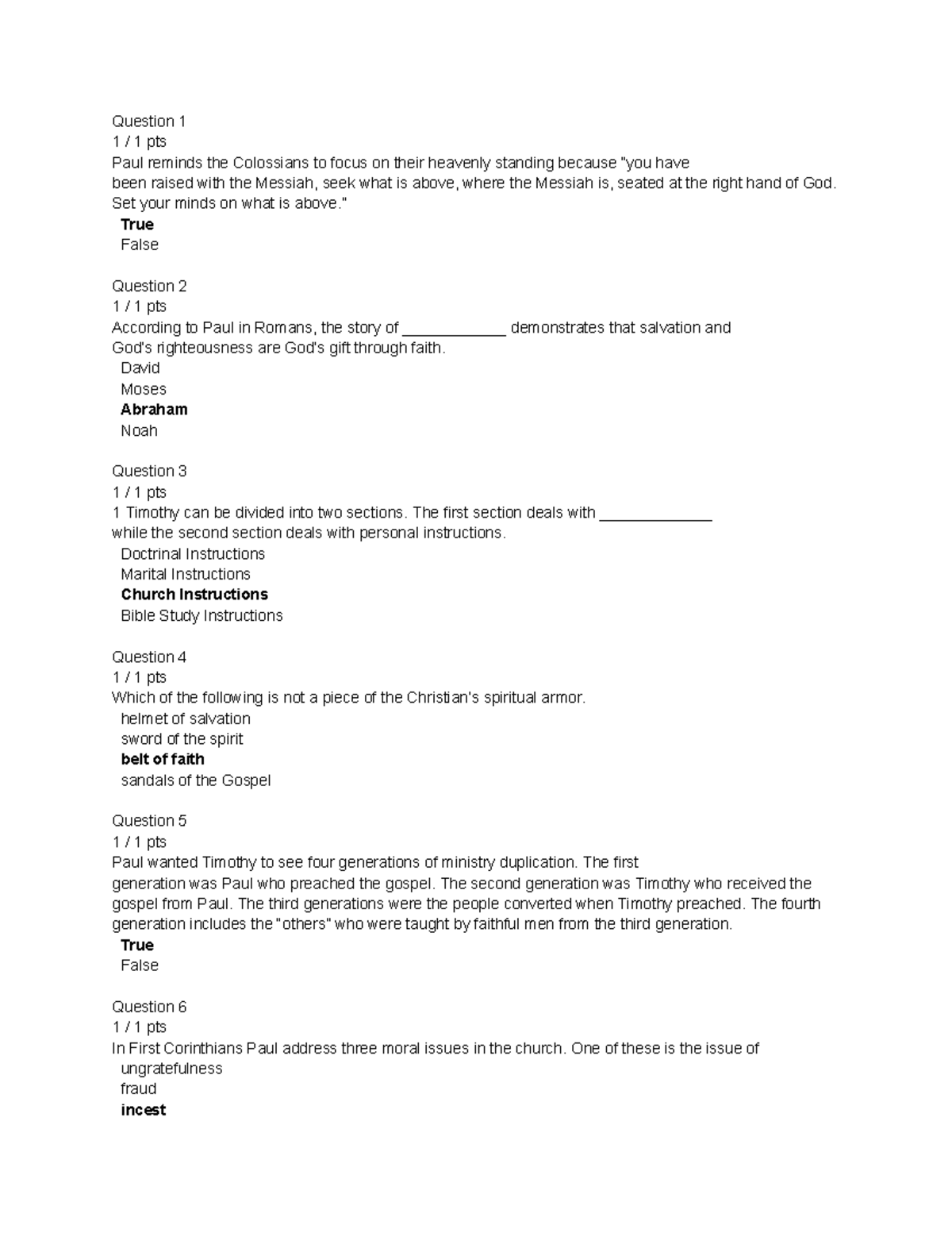Quiz Paul's Letters BIBL104 C04 202340 Question 1 1 / 1 pts Paul
