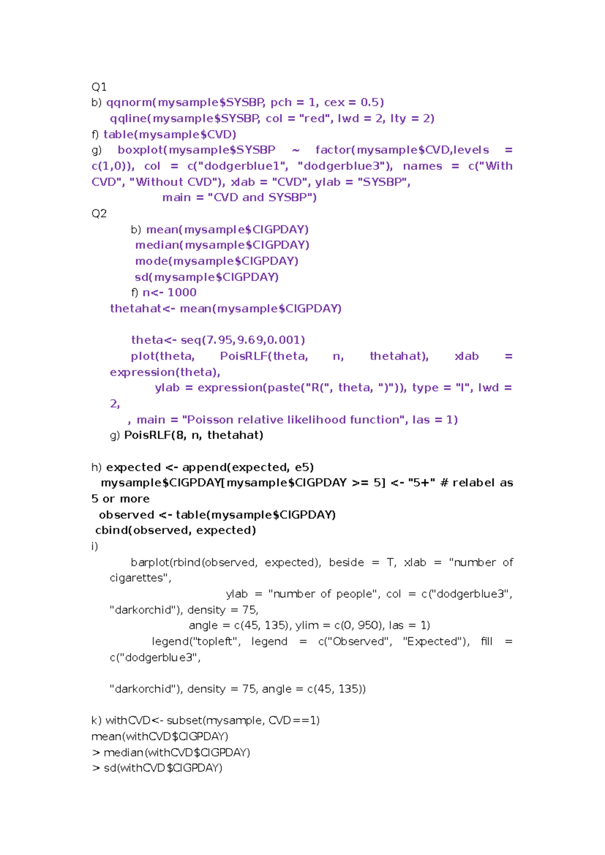 R code - working code for homework - Q b) qqnorm(mysample$SYSBP, pch ...