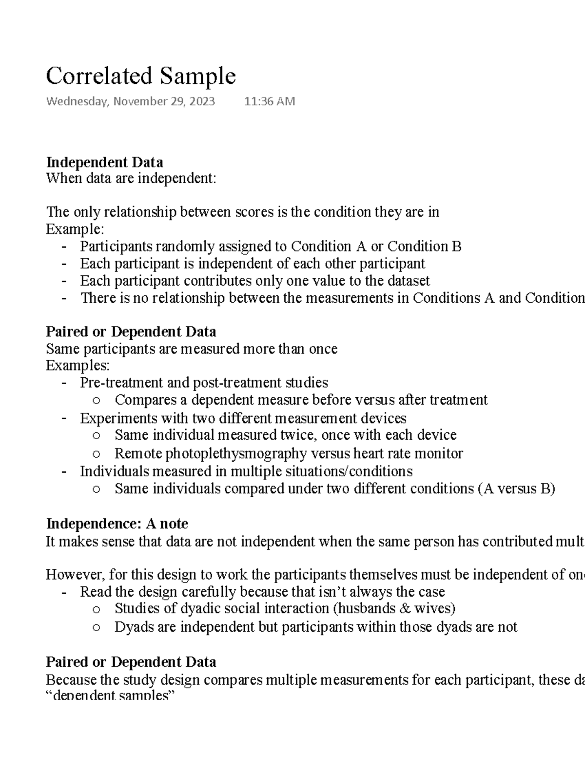 Correlated Sample - Independent Data When data are independent: The ...