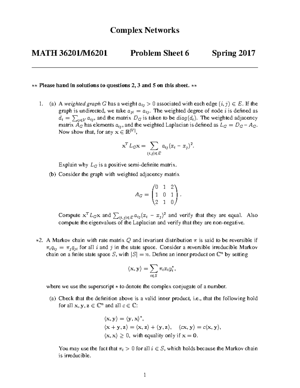 Math361 16 17 Problem Sheet 6 Complex Networks University Of Studocu