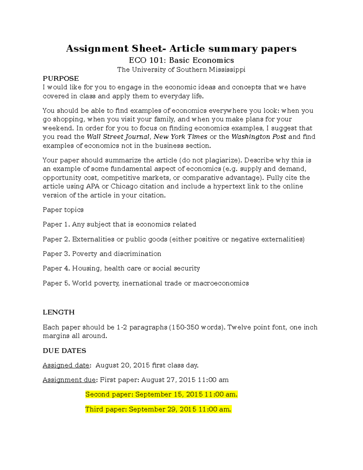 Paper assignment fall 2015-updated - Assignment Sheet- Article summary ...