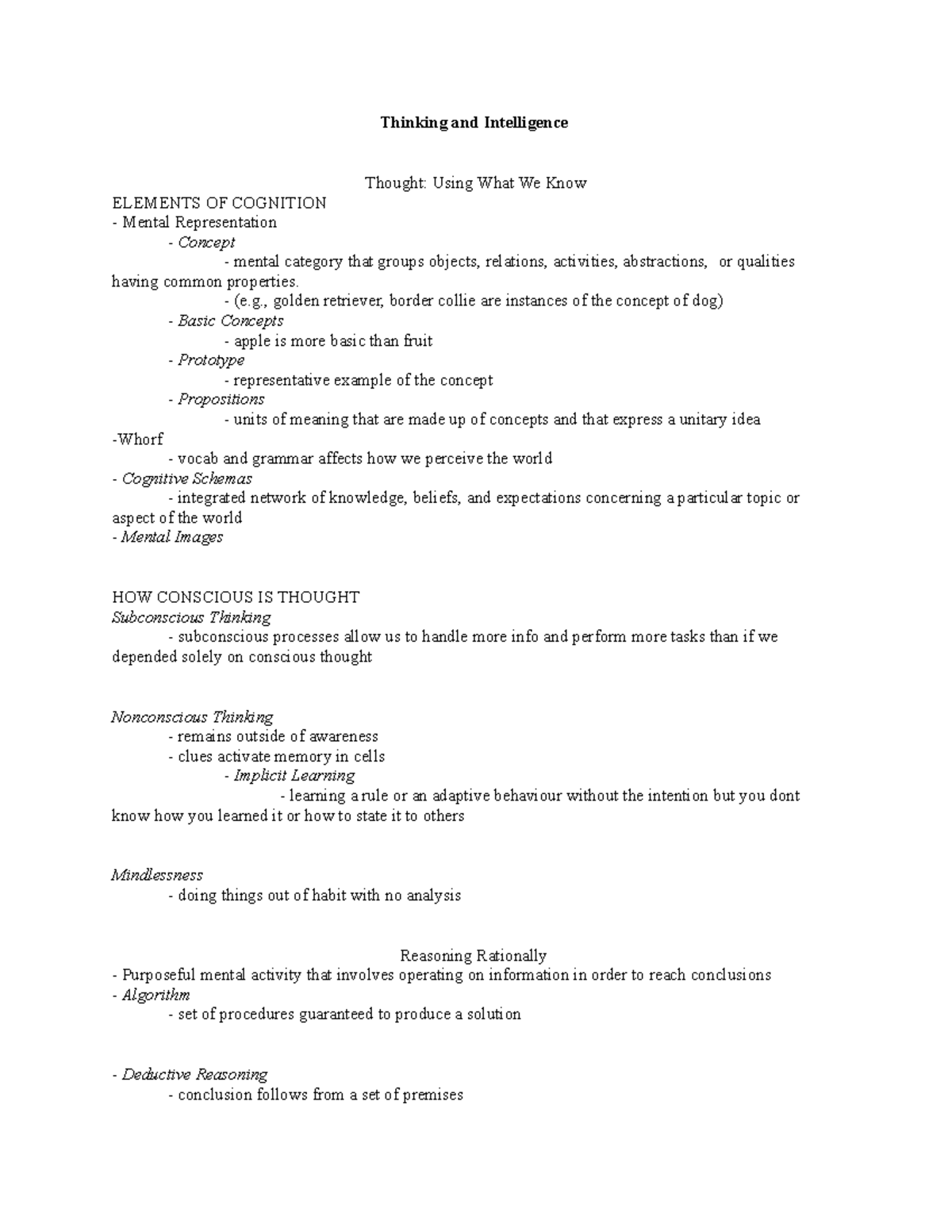 PSYC - Chapter 9 - Summary Introduction to Psychology - Thinking and ...