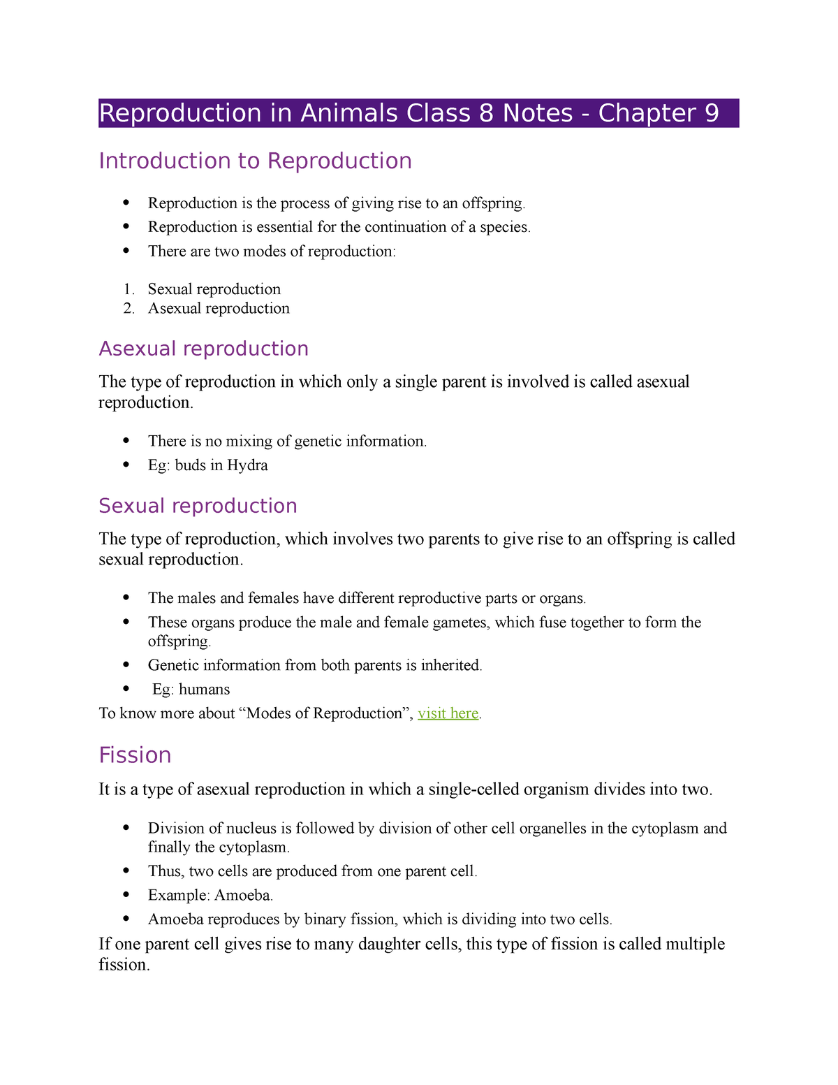 Reproduction in Animals Class 8 Notes -  Reproduction is essential for the  continuation of a - Studocu