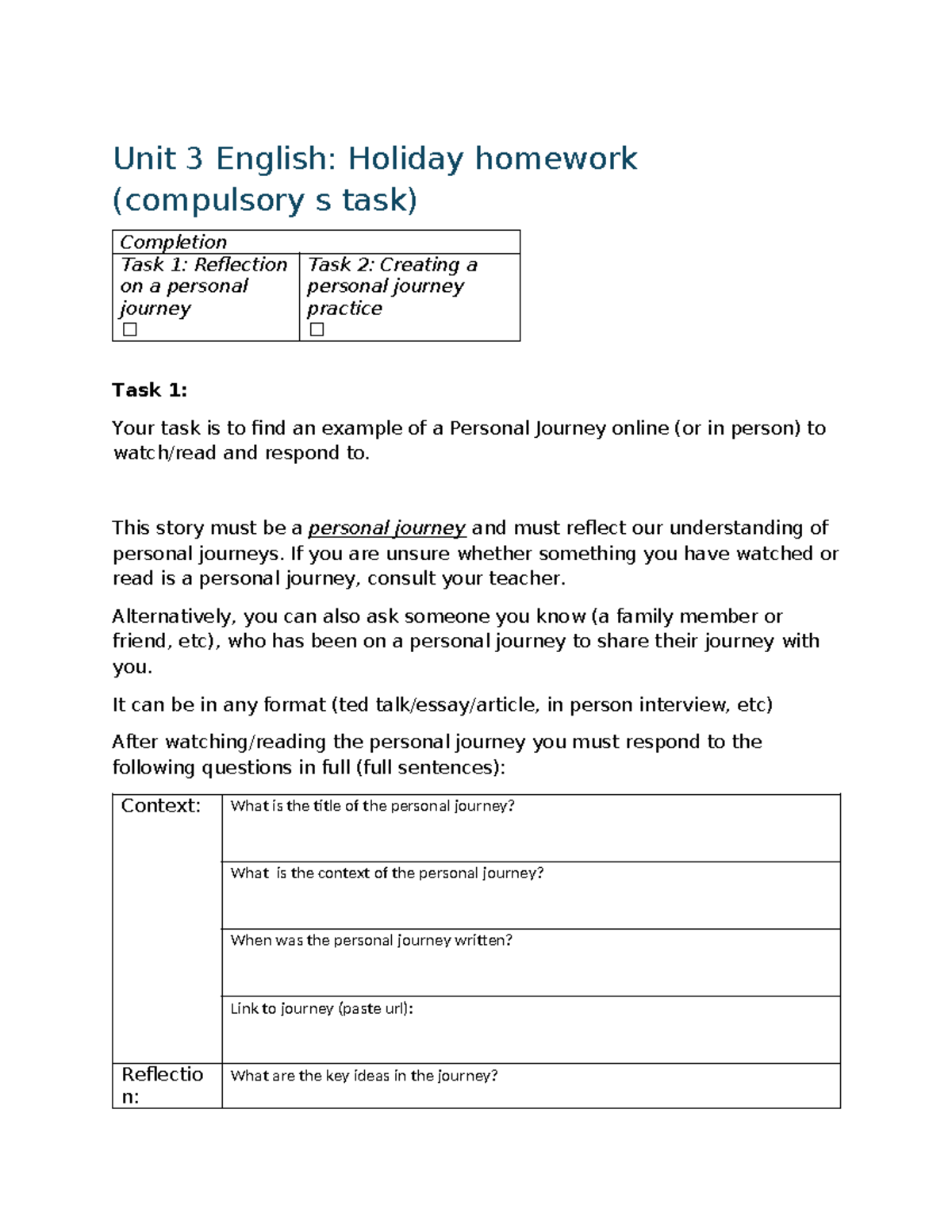 Creating Texts - Unit 3 English: Holiday homework (compulsory s task ...