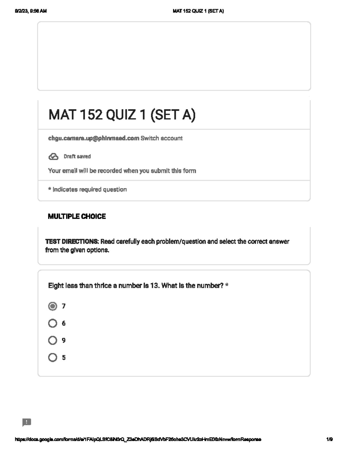 MAT152 QUIZ 1 - hjf - bs nursing - Studocu