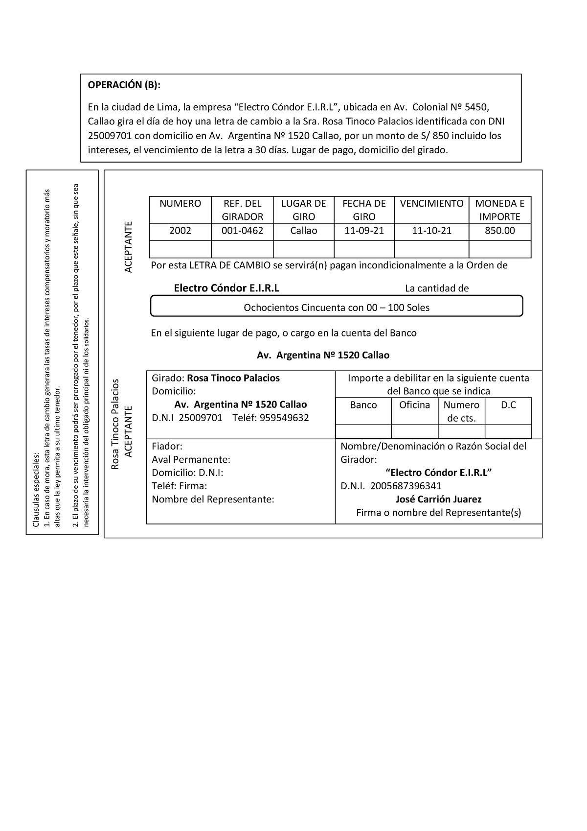 Letra De Cambio - Úsalo De Guía - OPERACI”N (B): En La Ciudad De Lima ...