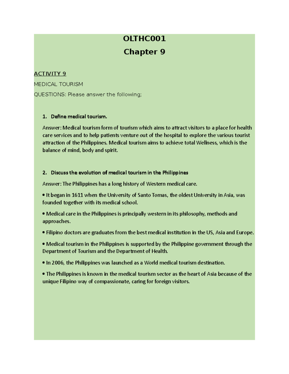 Olthc 001 Activity 9 CHAPTER 9 OLTHC Chapter 9 ACTIVITY 9 MEDICAL