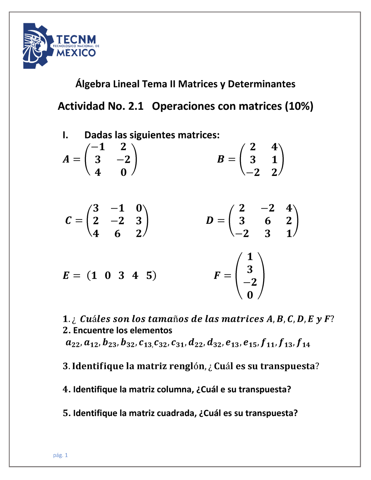 Actividad No 21 Final Operaciones Con Matrices 10 Pág 1 Álgebra Lineal Tema Ii Matrices 4437