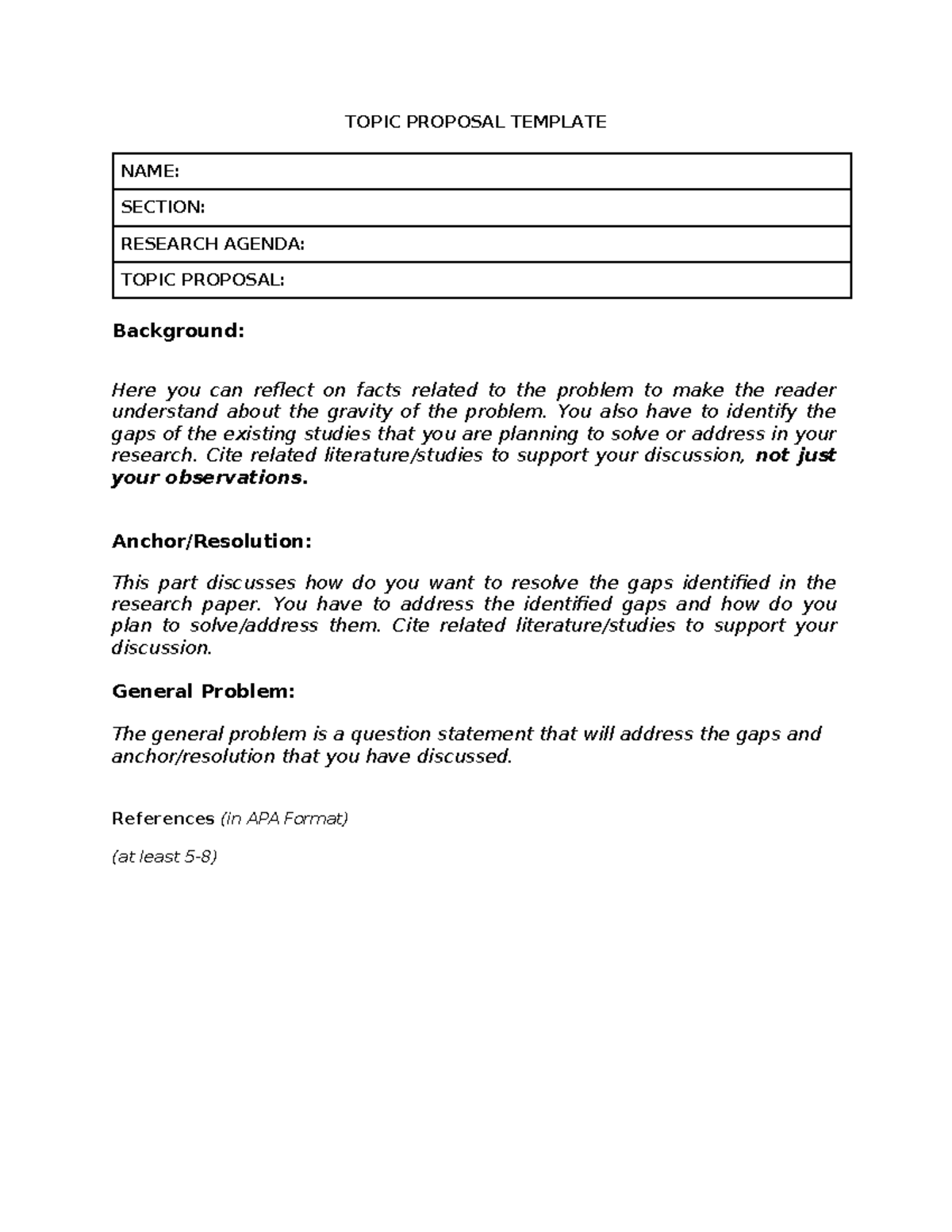 Topic- Proposal- Template - TOPIC PROPOSAL TEMPLATE NAME: SECTION ...