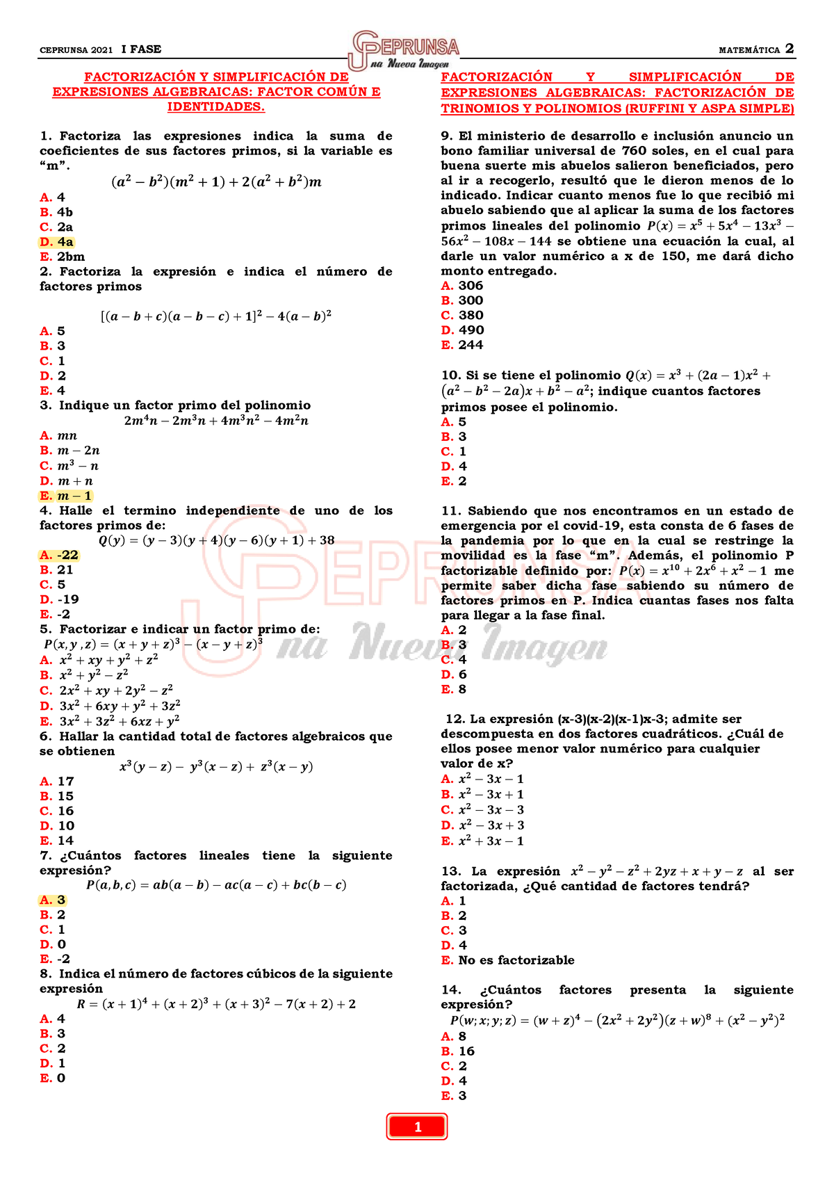 P Mat 02 - Lectura Lectura Lectura Lectura - FACTORIZACI”N Y ...