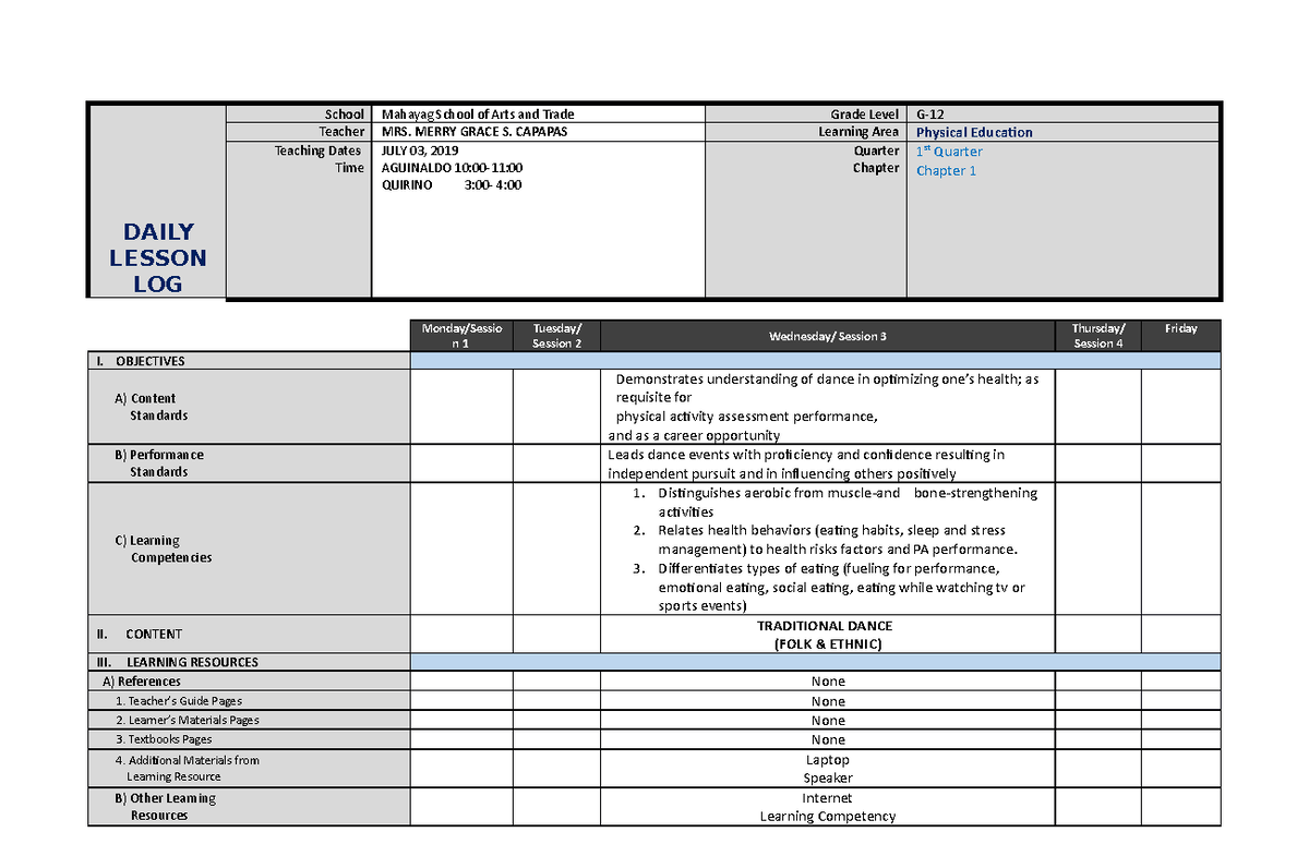 July3 - Physical education - DAILY LESSON LOG School Mahayag School of ...