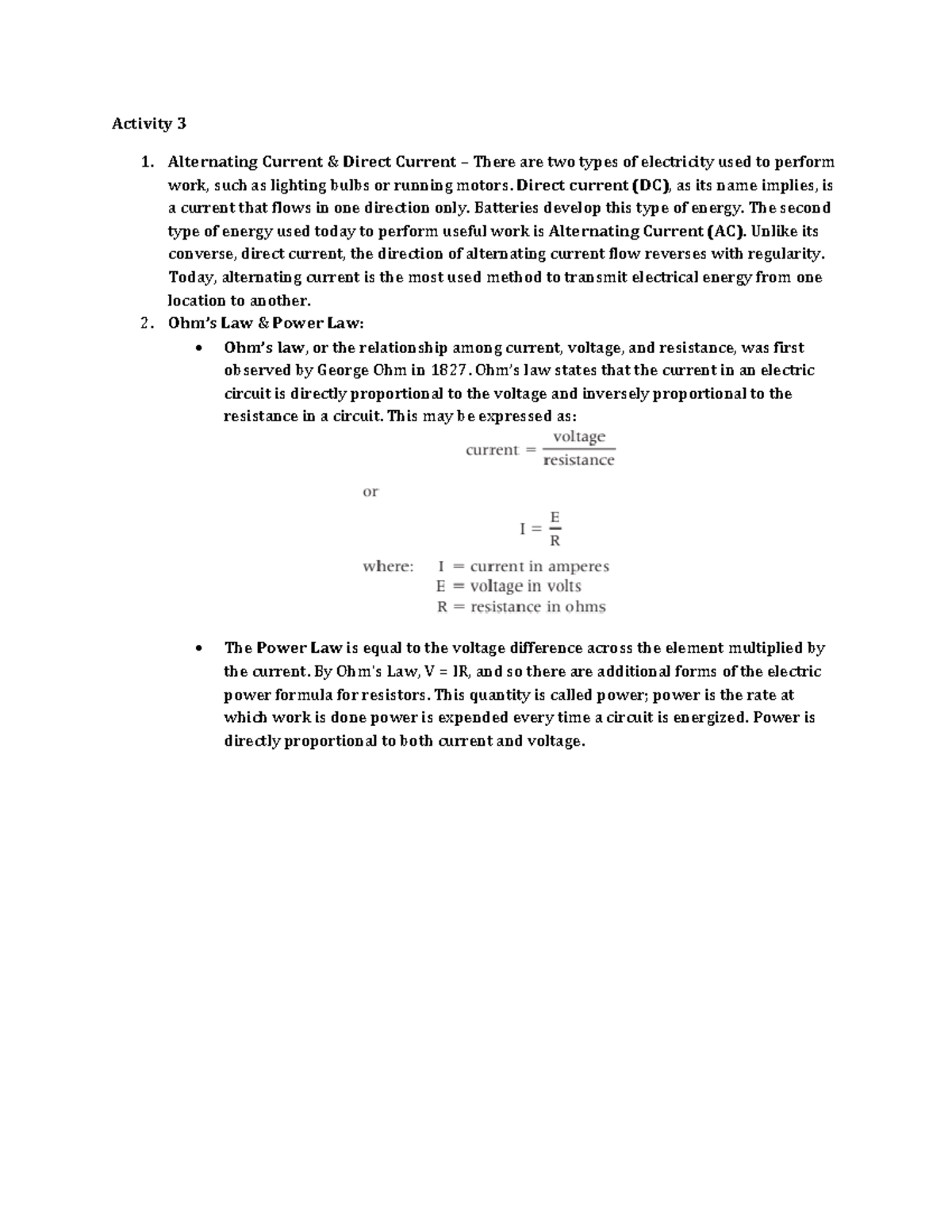 Activity 3 - Alternating Current & Direct Current and Ohm’s Law & Power ...