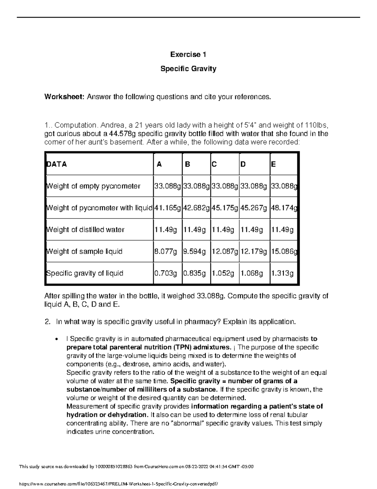 Prelim Worksheet 1 Specific Gravity converted Exercise 1 Specific