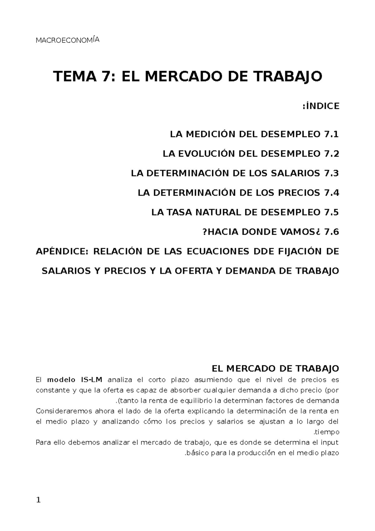 Resumen TEMA 7,8,9 Macro - MACROECONOMÍA TEMA 7: EL MERCADO DE TRABAJO ...