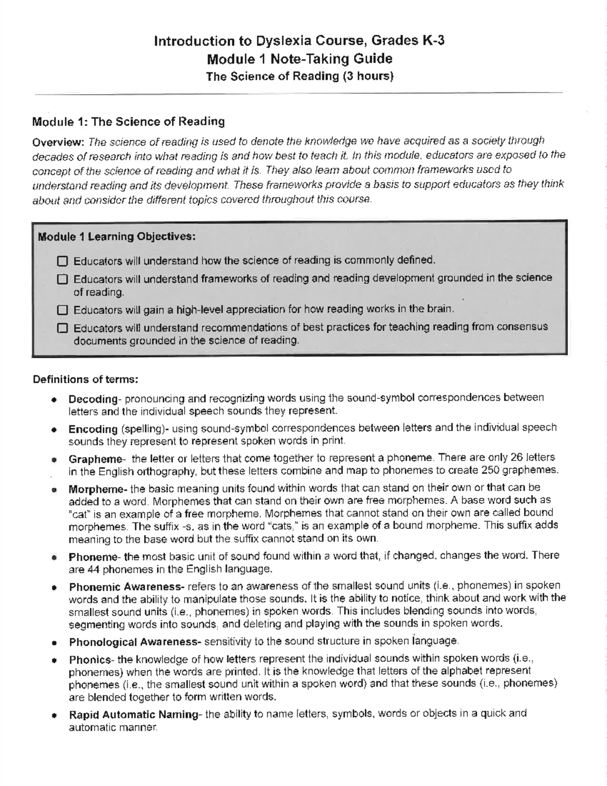 Guided Notes and Handouts Modules 1-3 - background knowledge vocabulary ...