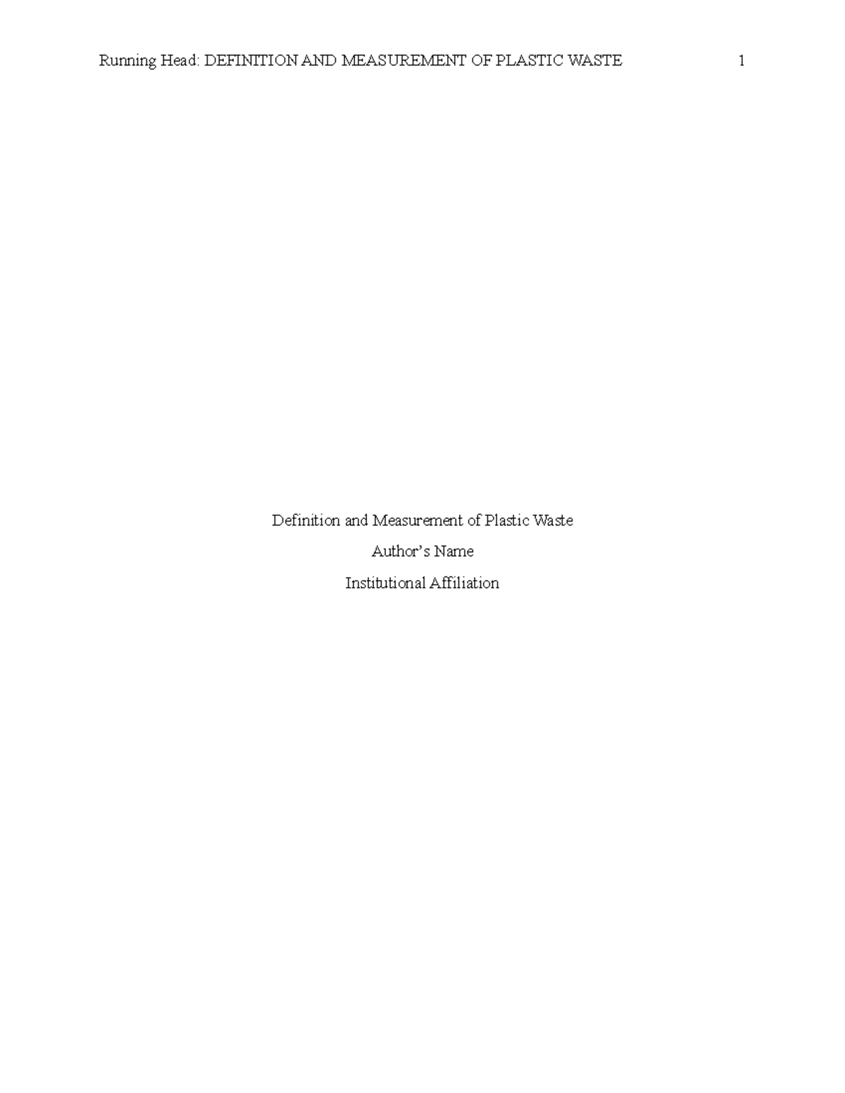 Definition and Measurement of Plastic Waste Final Running Head