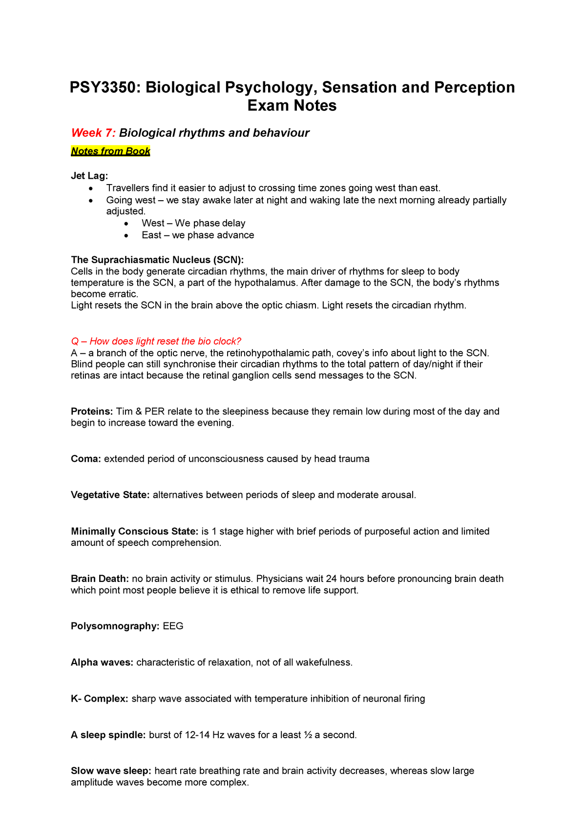 PSY3350 Biological rhythms and behaviour -Exam Notes - PSY3350 ...