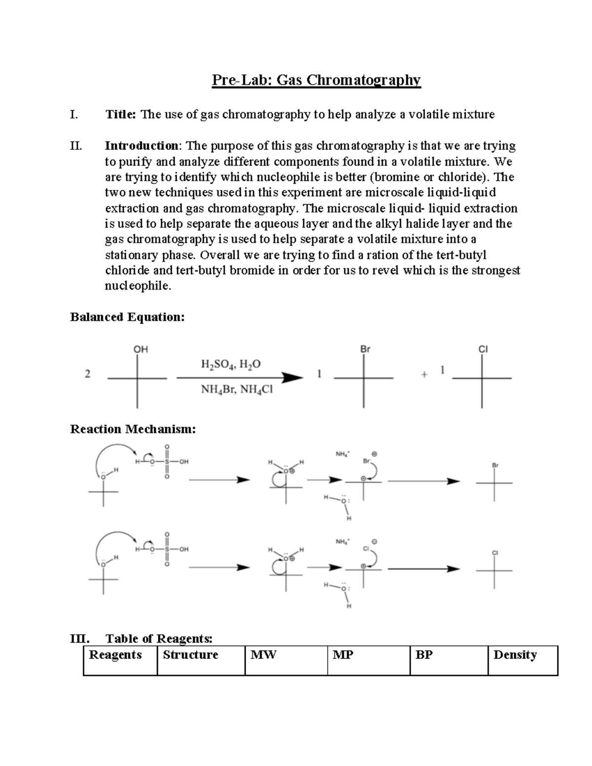 PreLab Gas Chromatography Title The use of gas chromatography to help analyze a volatile