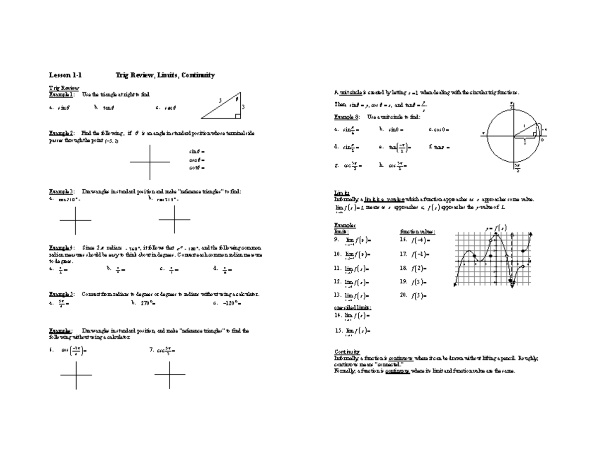 Calc ARev Unit 1-3 - sdf - Lesson 1-1 Trig Review, Limits, Continuity ...