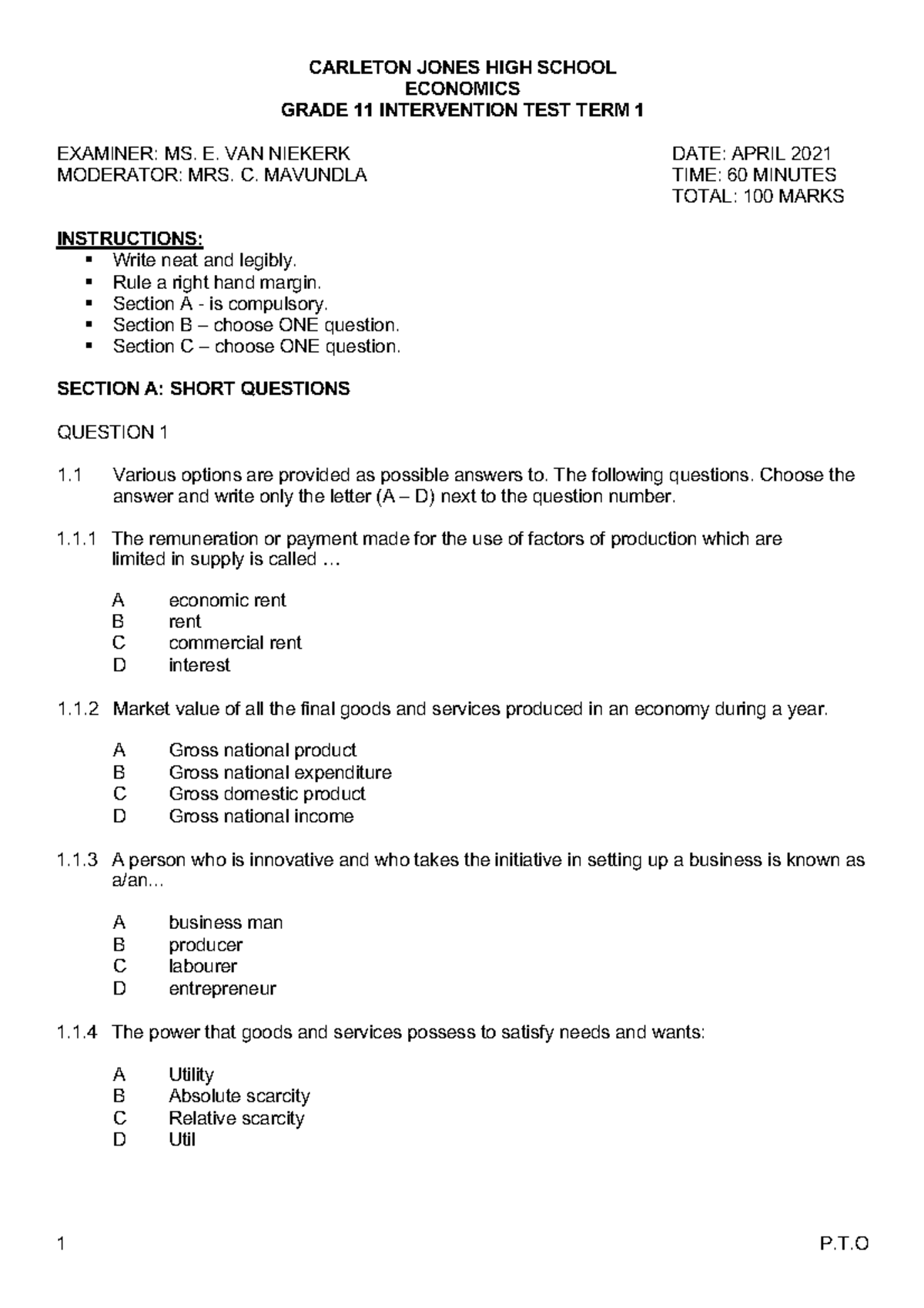 11 ECO Intervention Test - CARLETON JONES HIGH SCHOOL ECONOMICS GRADE ...