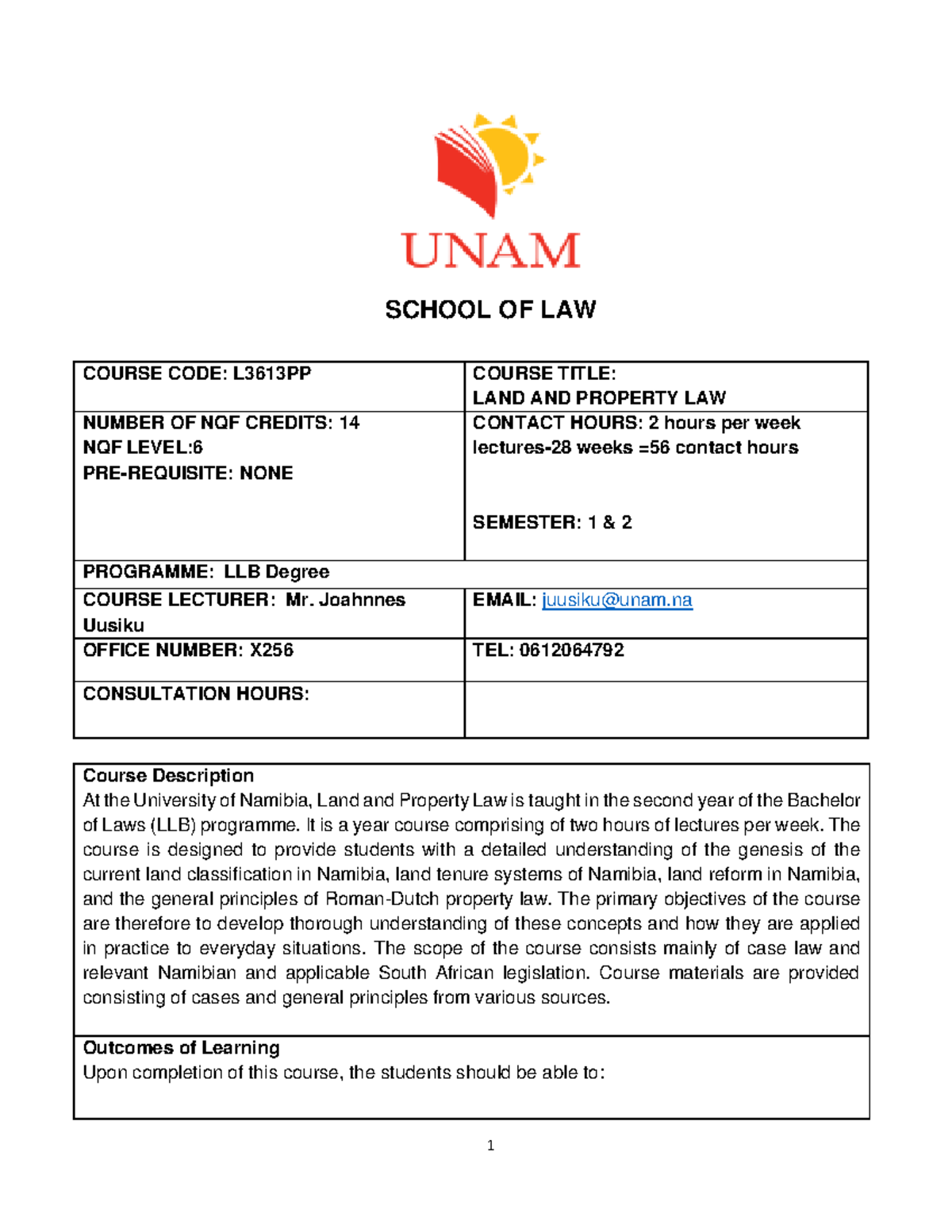 Course outline 2024 - SCHOOL OF LAW COURSE CODE: L3613PP COURSE TITLE ...