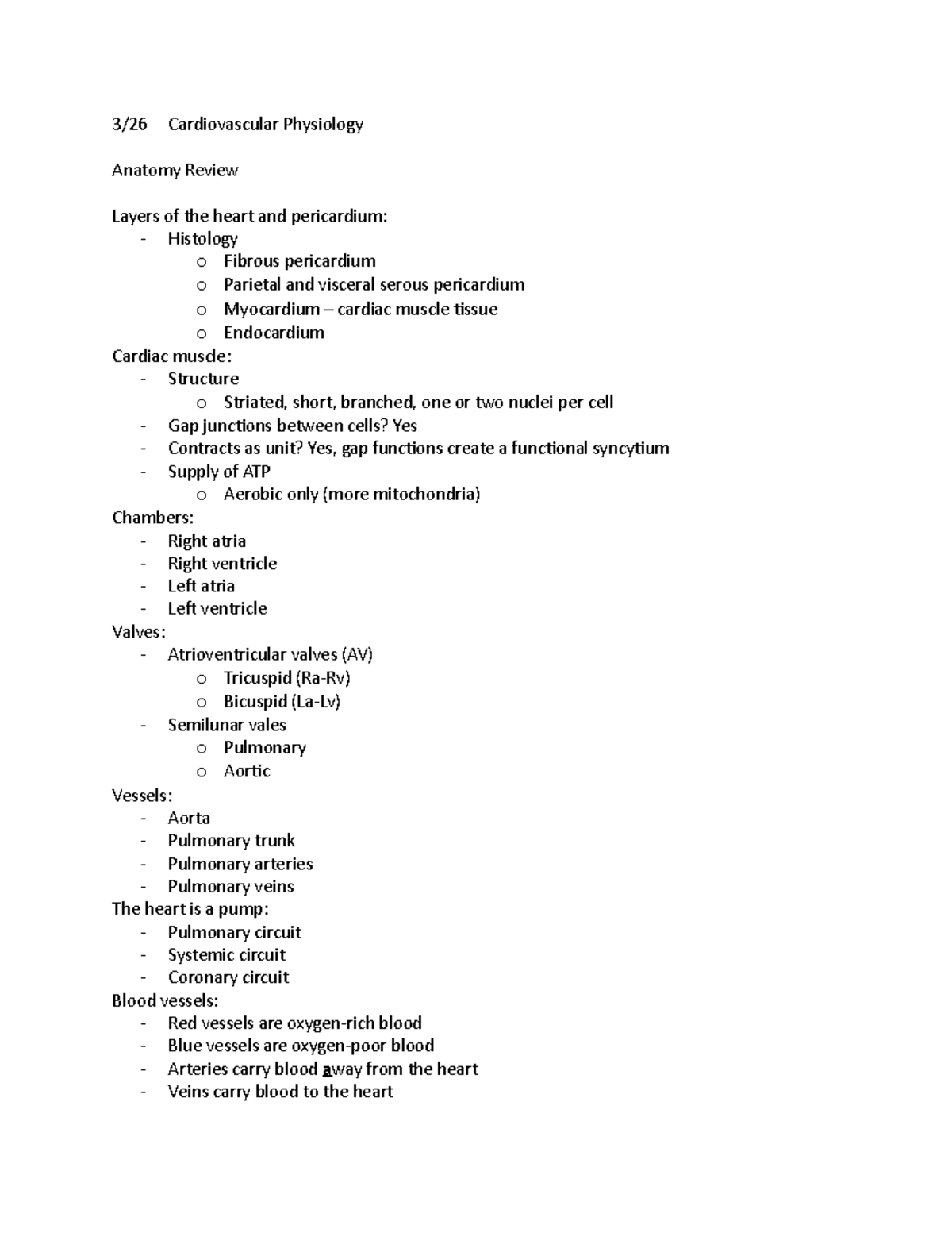 Cardiovascular Physiology - 3/26 Cardiovascular Physiology Anatomy ...