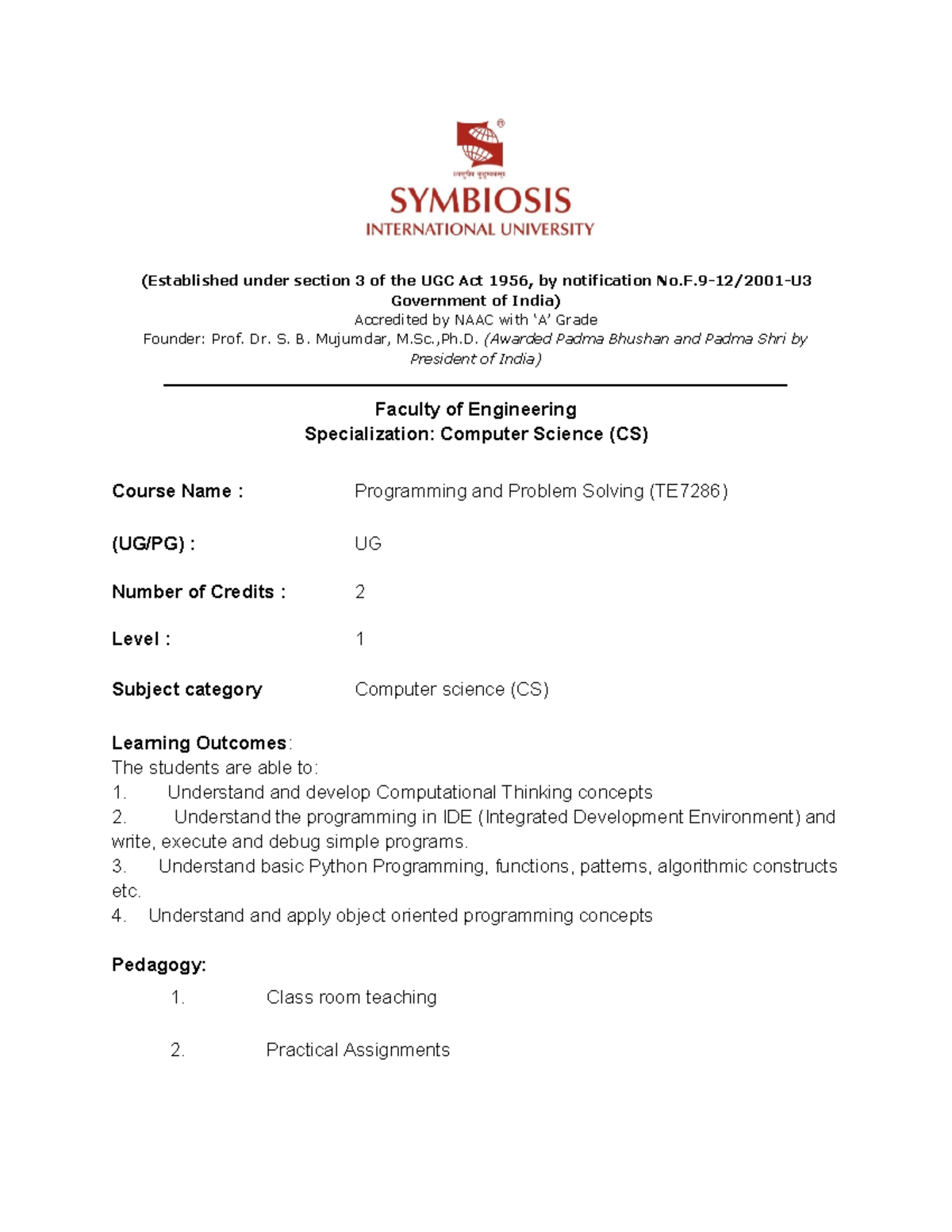 TE7286 - Programming and Problem Solving - (Established under section 3 ...