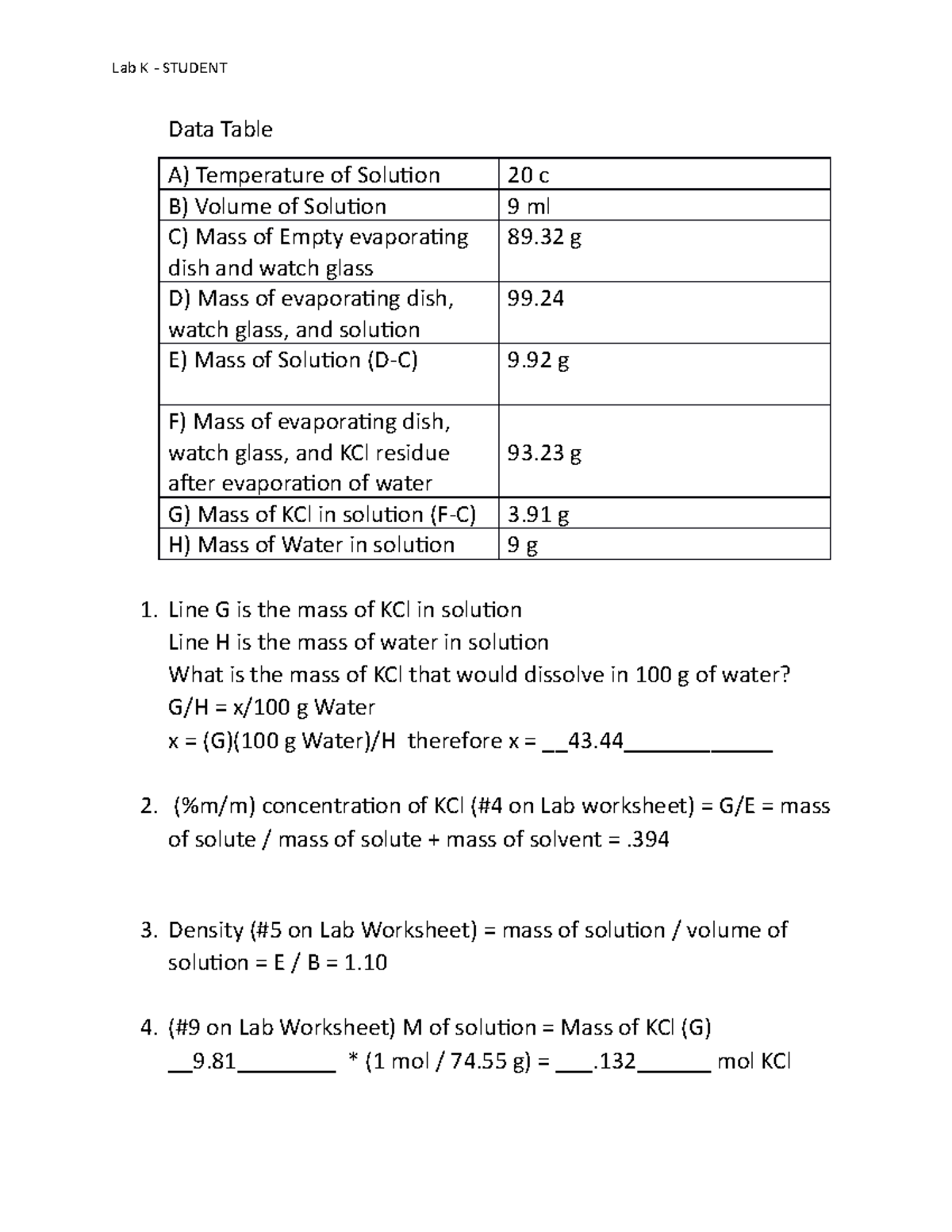 Week 12 Lab K vonmuegge - Lab K - STUDENT Data Table A) Temperature of ...