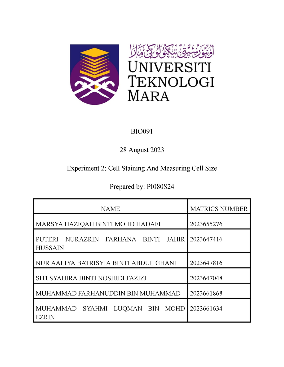 BIO091 - LAB REPORT - BIO 28 August 2023 Experiment 2: Cell Staining ...