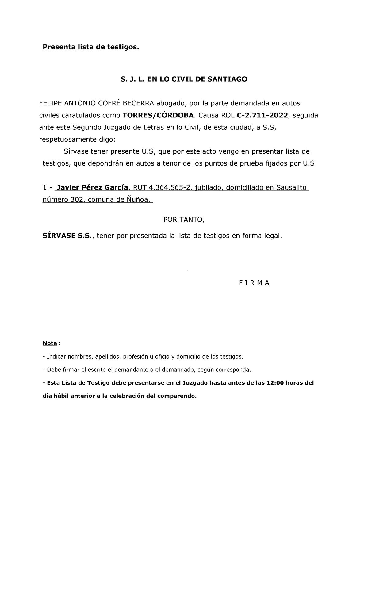 Lista De Testigos Modelo Presenta Lista De Testigos S J L En Lo Civil De Santiago Felipe 2527