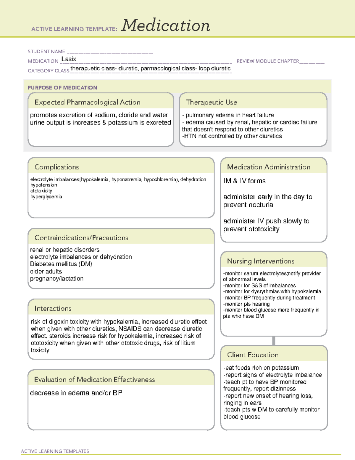 ATI Lasix Medication Template ACTIVE LEARNING TEMPLATES Medication