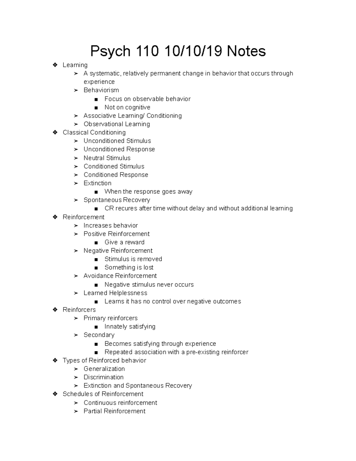 Psych 110 10 10 19 Notes - Psych 110 10/10/19 Notes Learning A ...