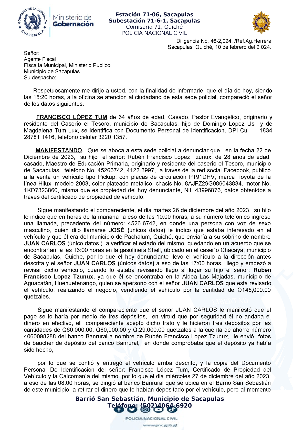 Diligencia No. 46-2024 Francisco López TUM - Estación 71-06, Sacapulas ...