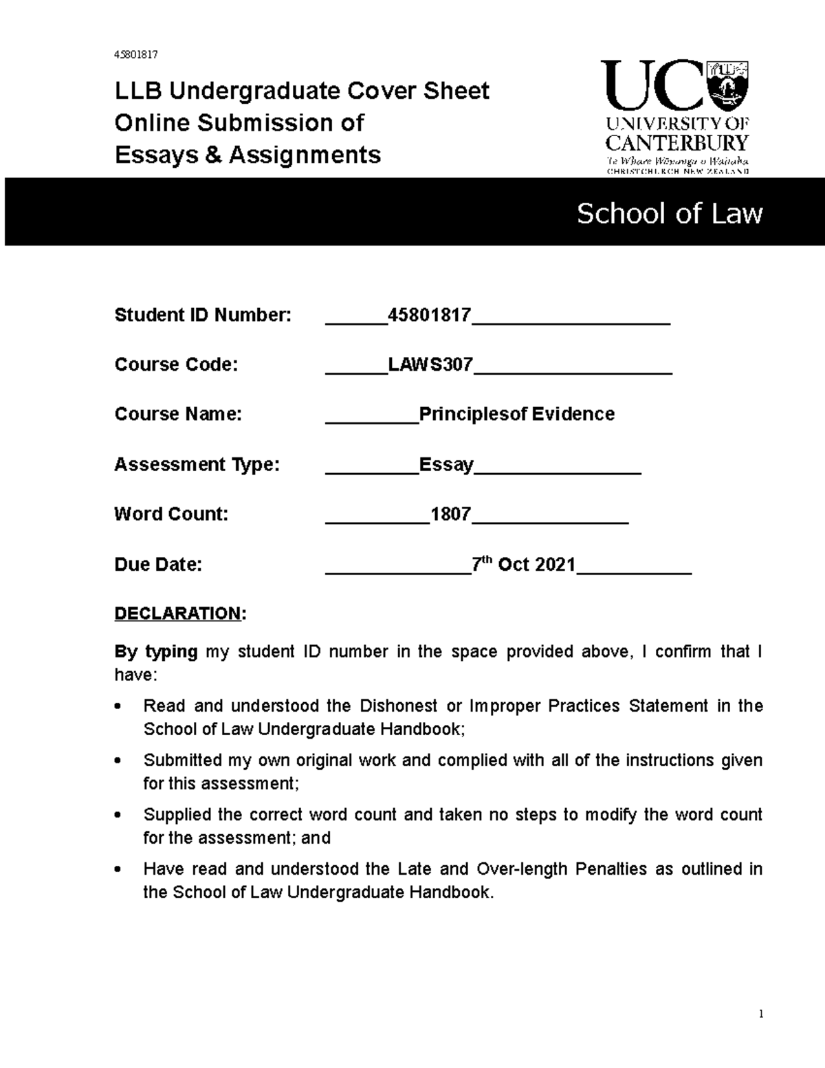 Legal opinion essay for evidence course - LLB Undergraduate Cover Sheet ...