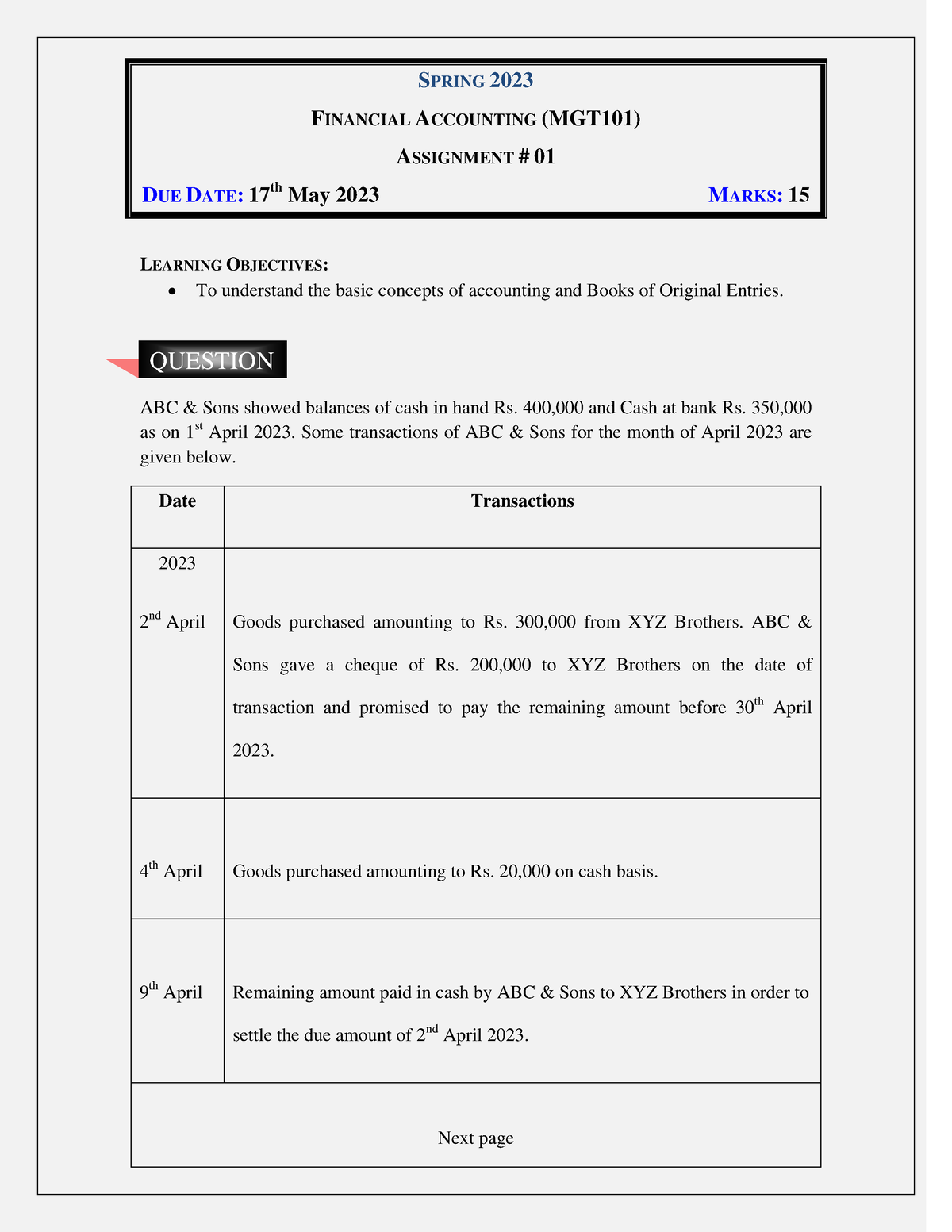 Spring 2023 MGT101 1 - SPRING 2023 FINANCIAL ACCOUNTING (MGT101 ...