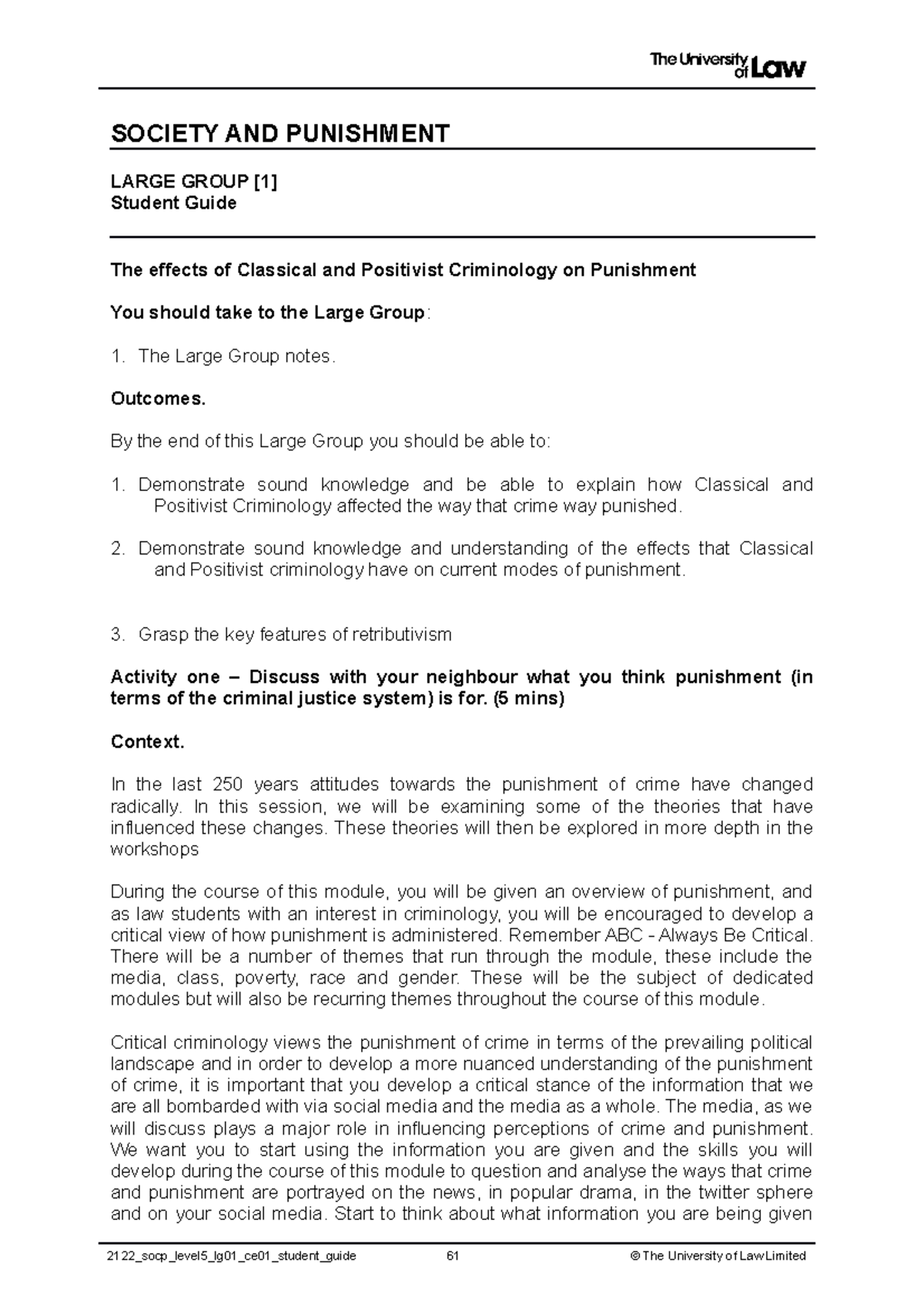 LG 1 - Large Group 1 - SOCIETY AND PUNISHMENT LARGE GROUP [1] Student ...