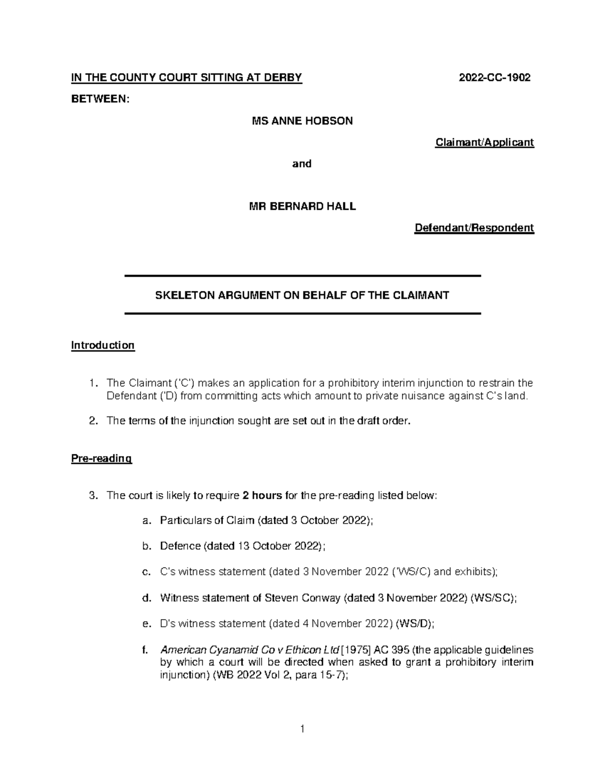 Hobson v Hall - skeleton and mediation extract W10 copy - IN THE COUNTY ...