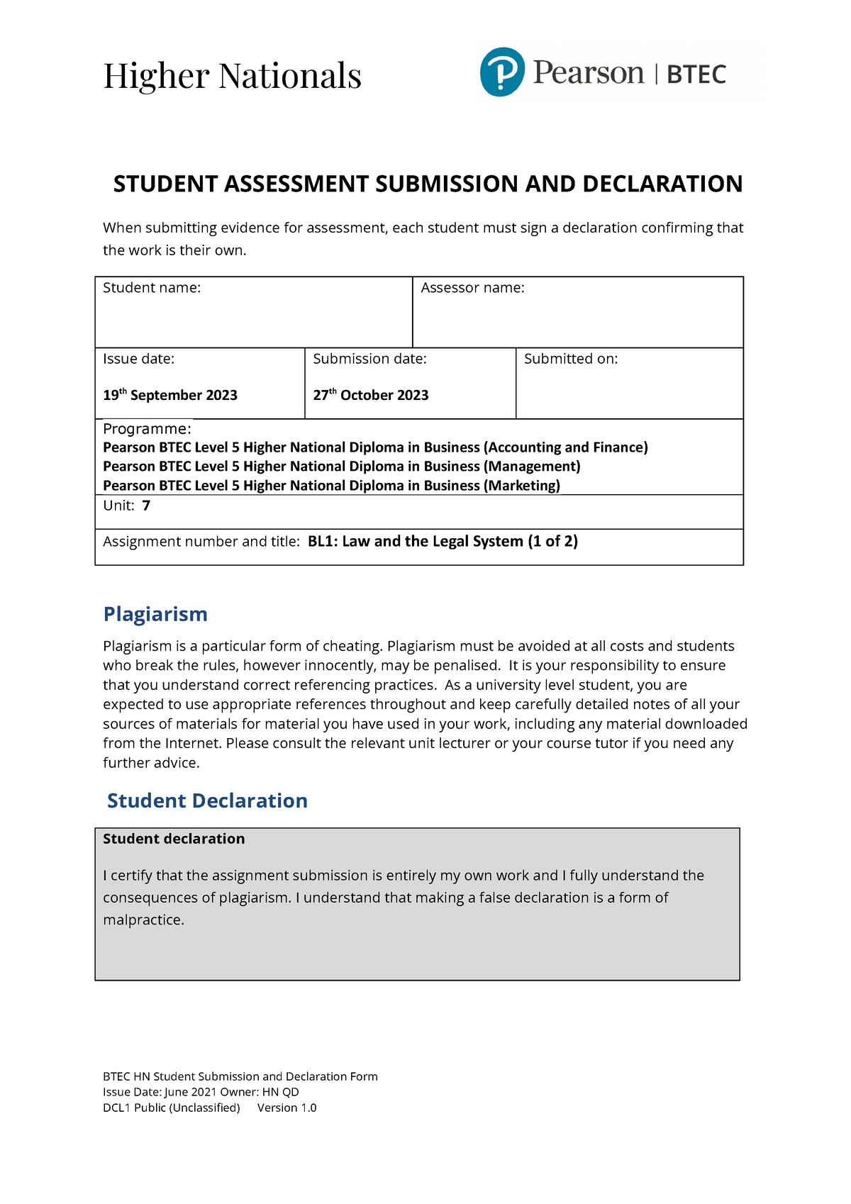 A1 Student-Assessment-Submission-and-Declaration - Higher Nationals ...