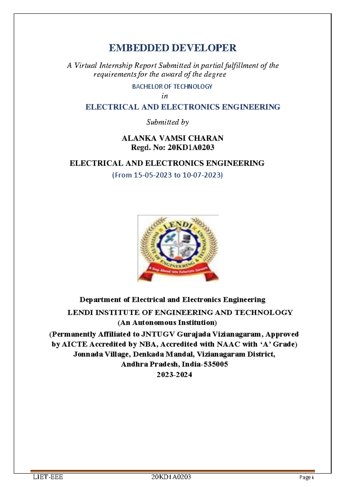 Embedded 0203 merged - LIET-EEE 2 0KD1A020 3 Page i EMBEDDED DEVELOPER ...