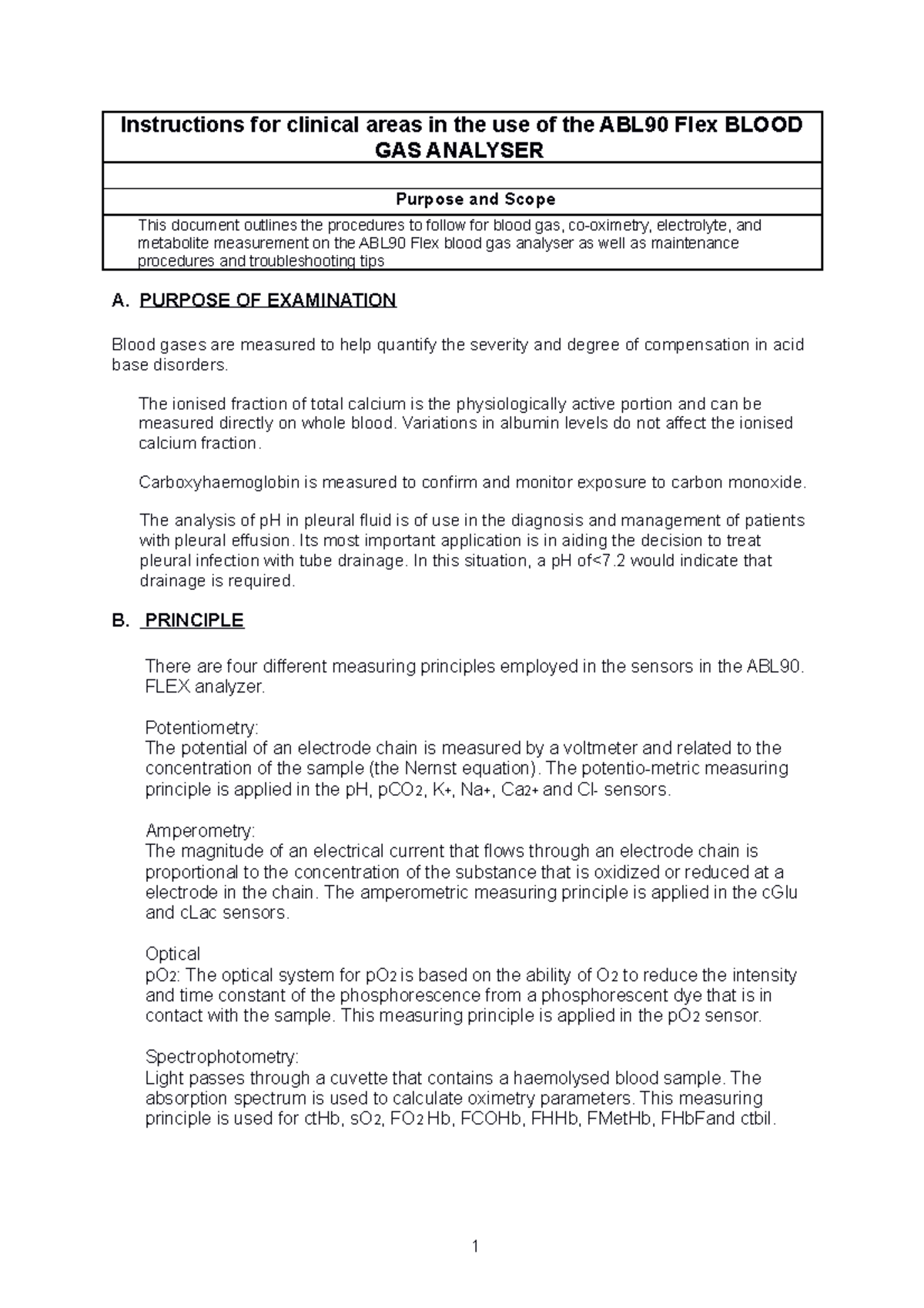 ABL 90 FLEX Blood Gas Analyser MLS 2023 Instructions for clinical areas in the use of the