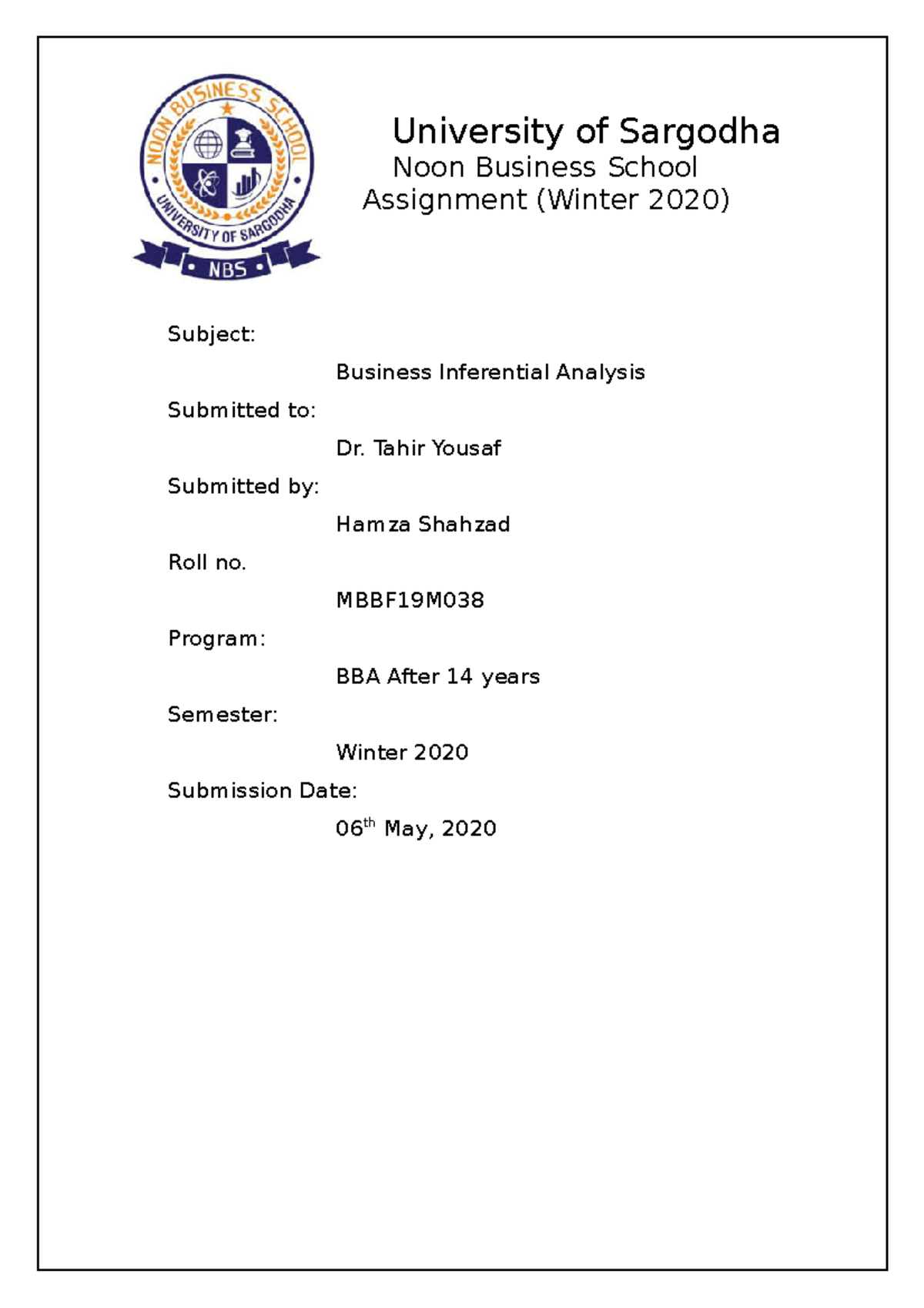 COD Financial Analysis Statement University of Sargodha Noon Business