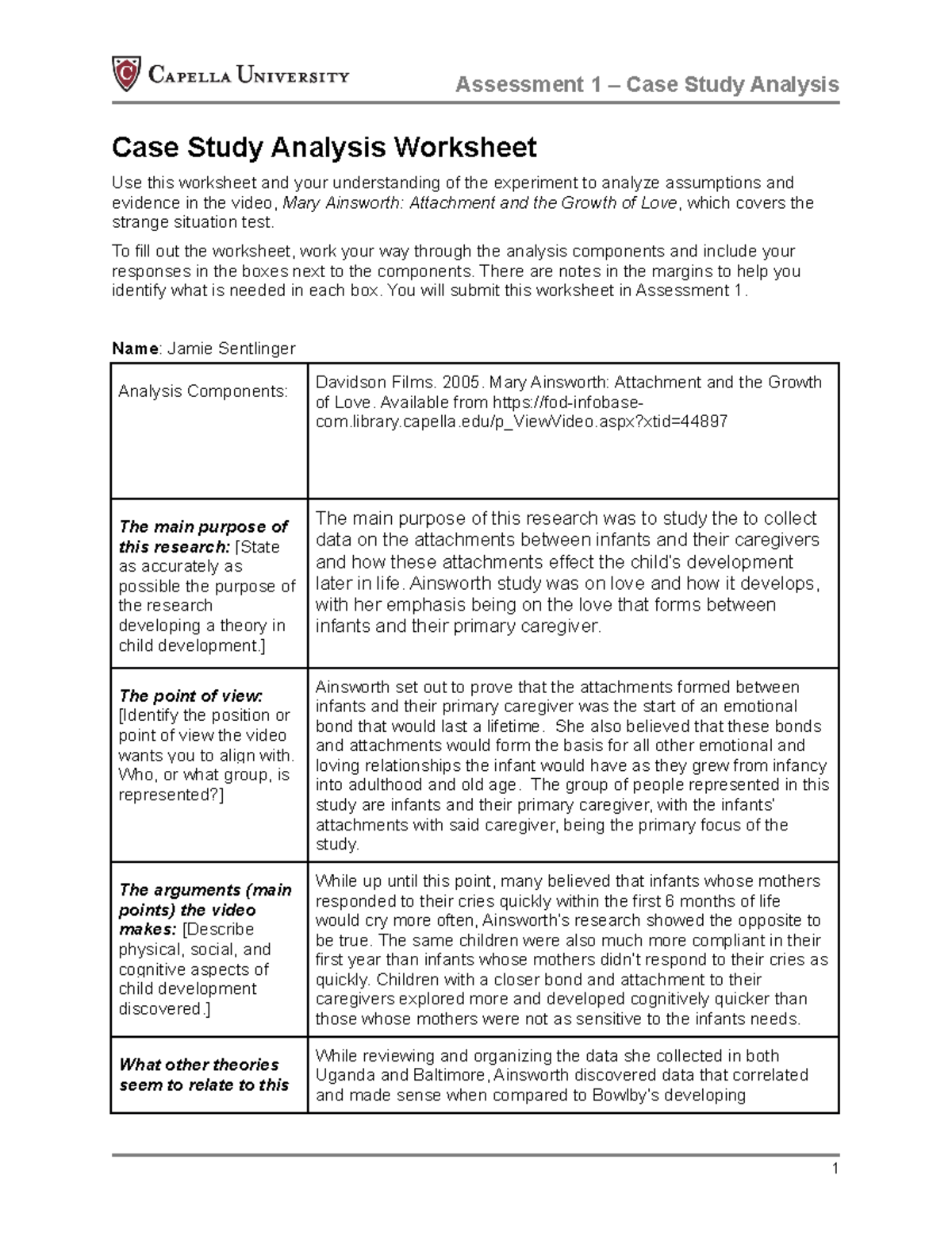 PSYC-FP2700 Sentlinger Jamie Assessment 1-1 - Assessment 1 – Case Study ...