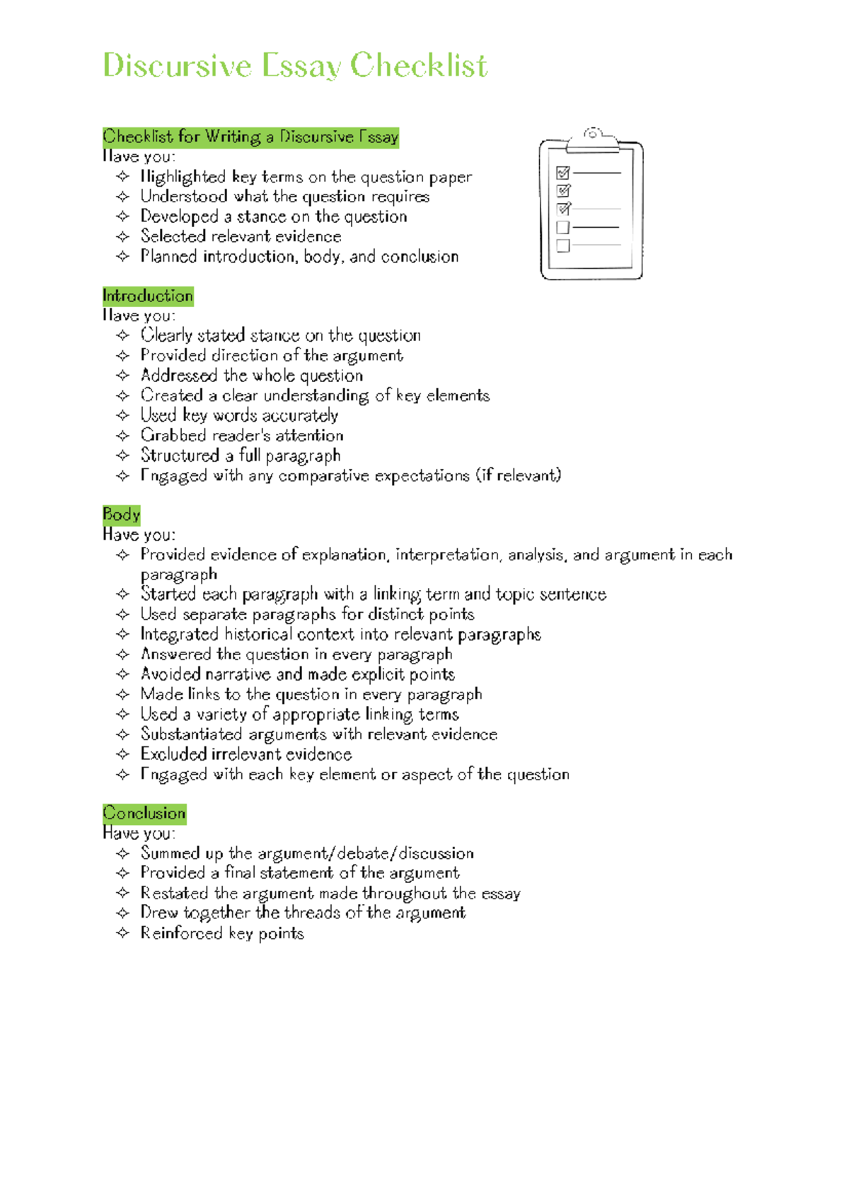 Discursive Essay Checklist Studocu