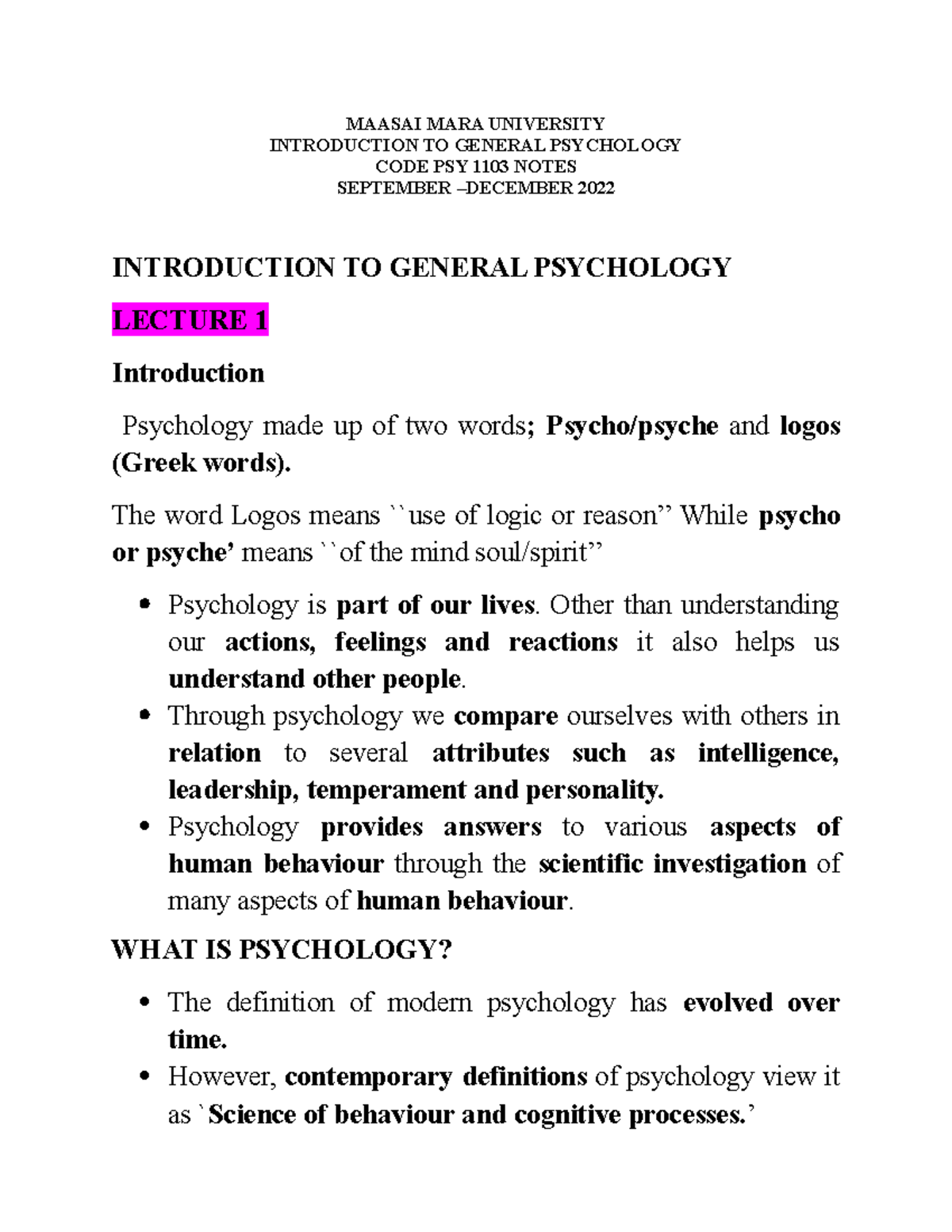 PSY 1103 SEPT-DEC Maasai MARA University - MAASAI MARA UNIVERSITY ...