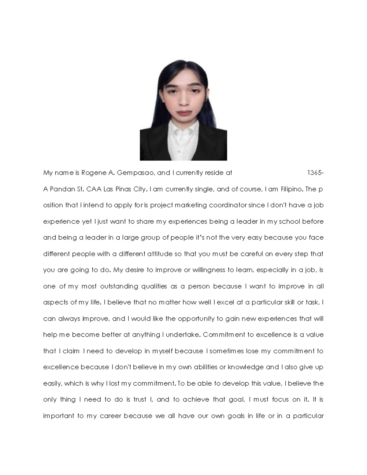 Gempasao Rogene Personality Devt Biosketch - My name is Rogene A ...