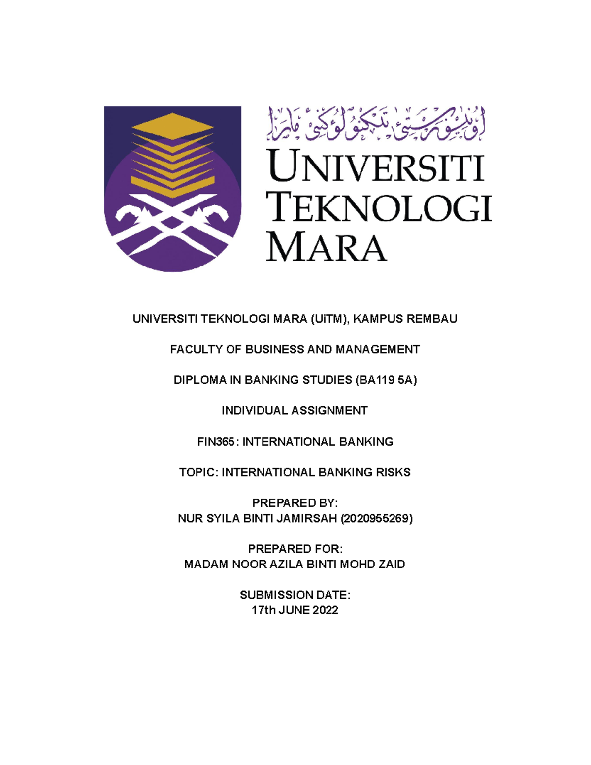 BA119 5A NUR Syila BT Jamirsah 2020955269 - UNIVERSITI TEKNOLOGI MARA ...