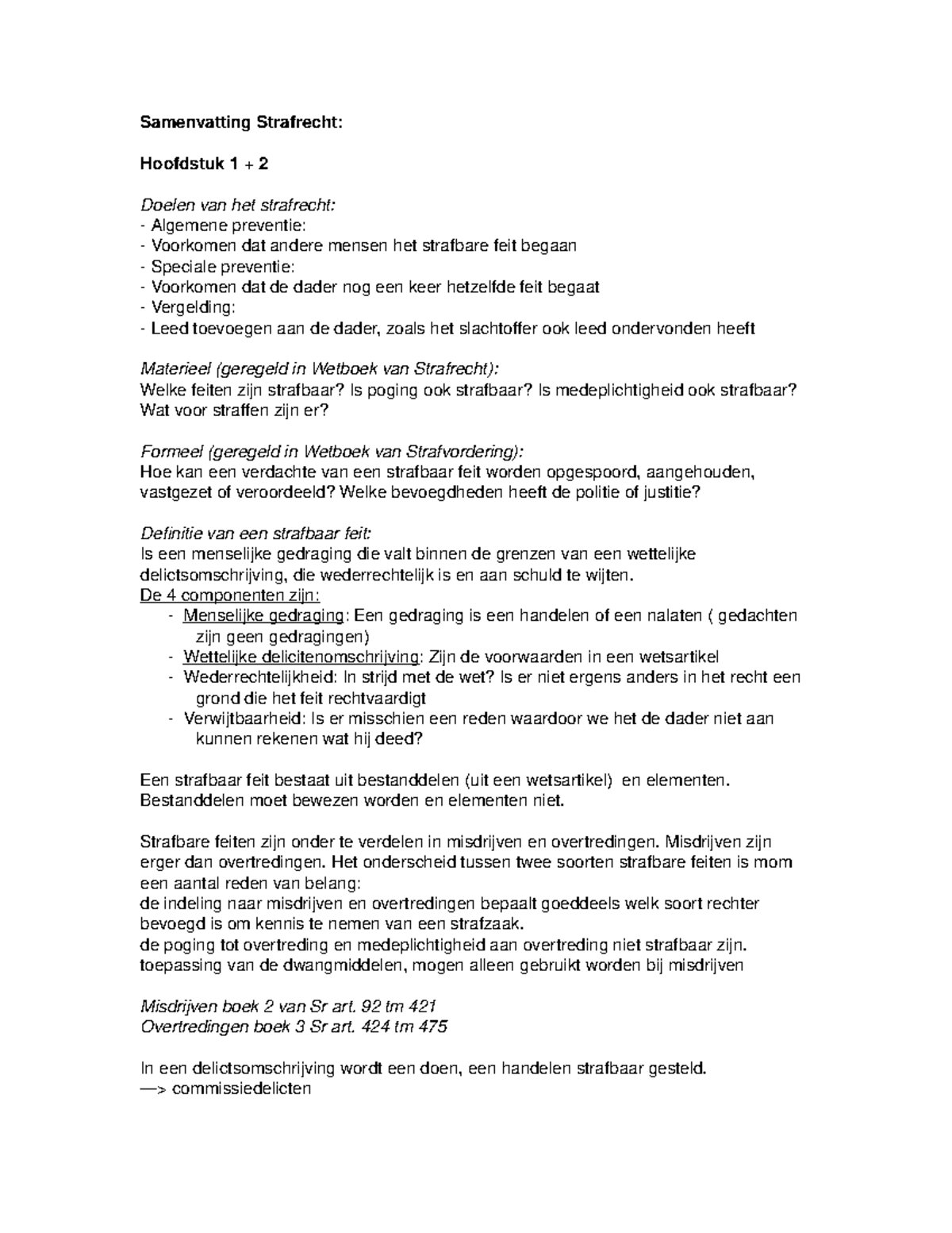 Samenvatting Strafrecht - Samenvatting Strafrecht: Hoofdstuk 1 + 2 ...