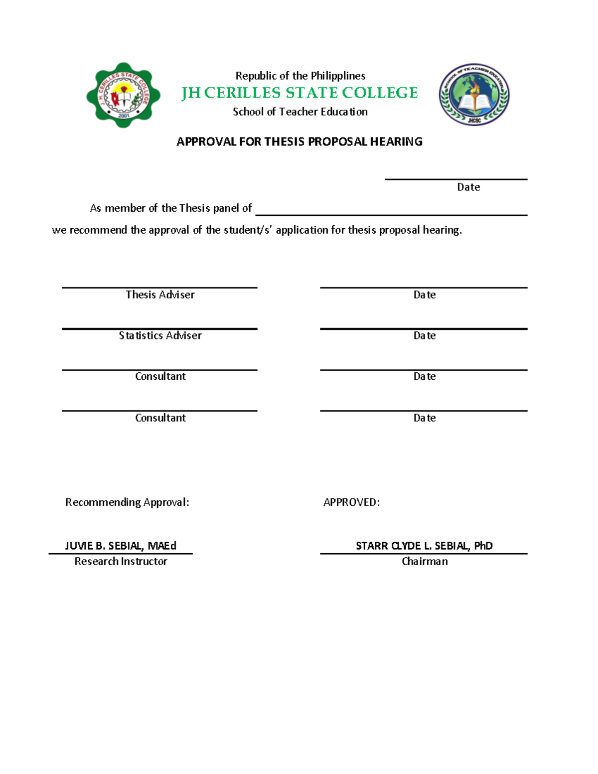 Application for Proposal Hearing - As member of the Thesis panel of we ...